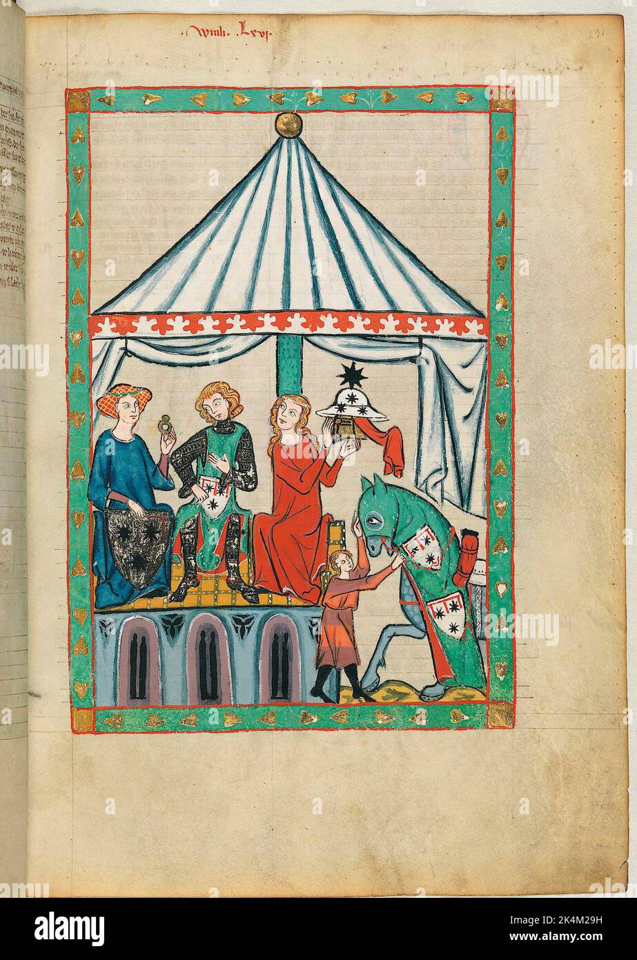 Le 'Codex Manesse', également connu sous le nom de 'Great Heidelberg Book of Songs' (Cod. Germe PAL. 848), a été créé entre 1300 et 1340 à Zurich et est la collection la plus complète de ballades et de poésie épigramatique en langue moyenne haute allemande. Il se compose de 426 feuilles de parcments, chacune de 35,5 x 25 cm, double-face, pagination ajoutée dans une main de pointe ultérieure. En outre, le codex comprend 140 pages vierges et de nombreuses pages partiellement vierges. Grand livre de chansons de Heidelberg. Grosse Heidelberger Liederhandschrift. Codex Manesse. Manuscrit illuminé, art médiéval Heidelberg, Université Banque D'Images