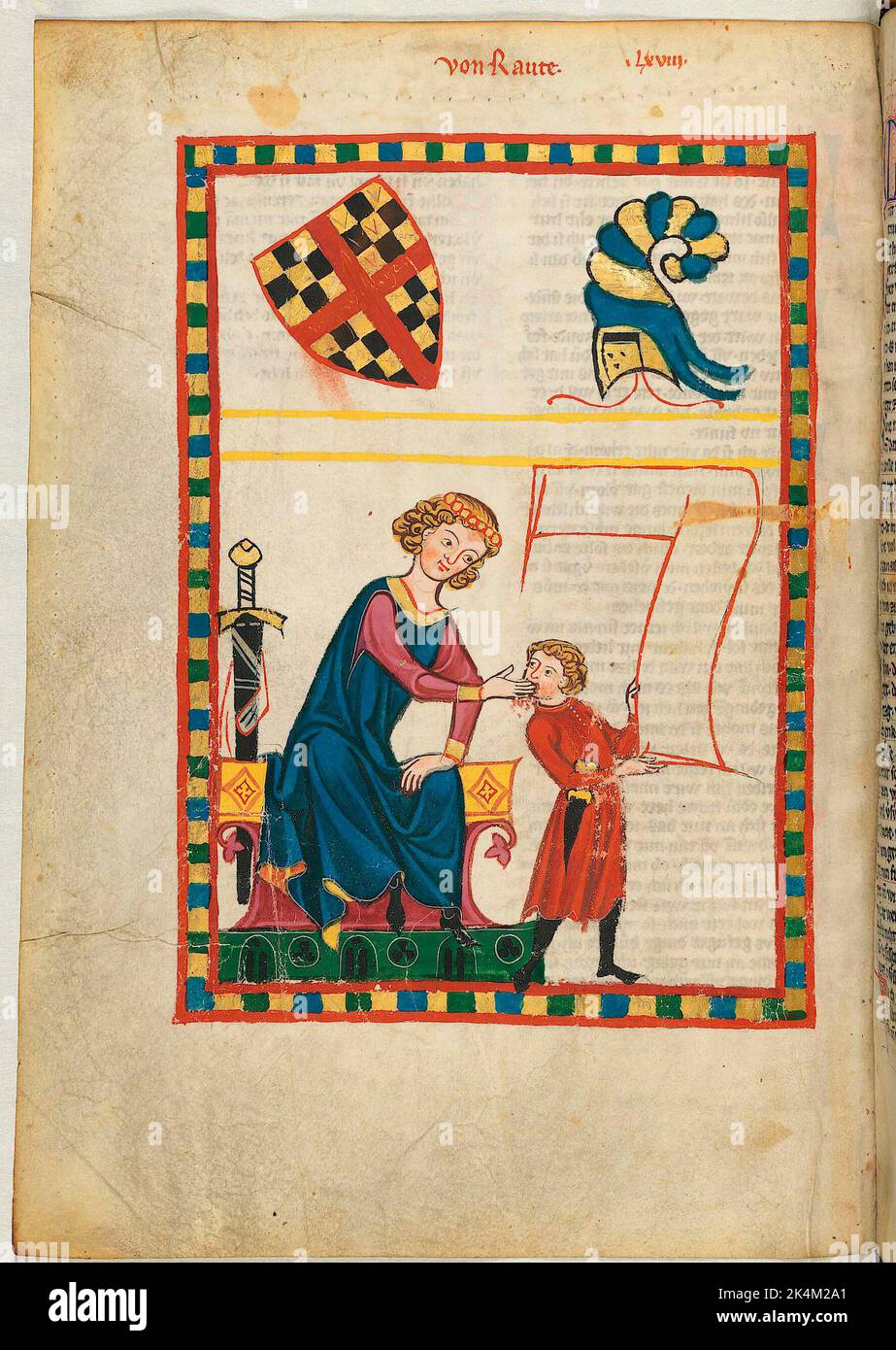 Le 'Codex Manesse', également connu sous le nom de 'Great Heidelberg Book of Songs' (Cod. Germe PAL. 848), a été créé entre 1300 et 1340 à Zurich et est la collection la plus complète de ballades et de poésie épigramatique en langue moyenne haute allemande. Il se compose de 426 feuilles de parcments, chacune de 35,5 x 25 cm, double-face, pagination ajoutée dans une main de pointe ultérieure. En outre, le codex comprend 140 pages vierges et de nombreuses pages partiellement vierges. Grand livre de chansons de Heidelberg. Grosse Heidelberger Liederhandschrift. Codex Manesse. Manuscrit illuminé, art médiéval Heidelberg, Université Banque D'Images