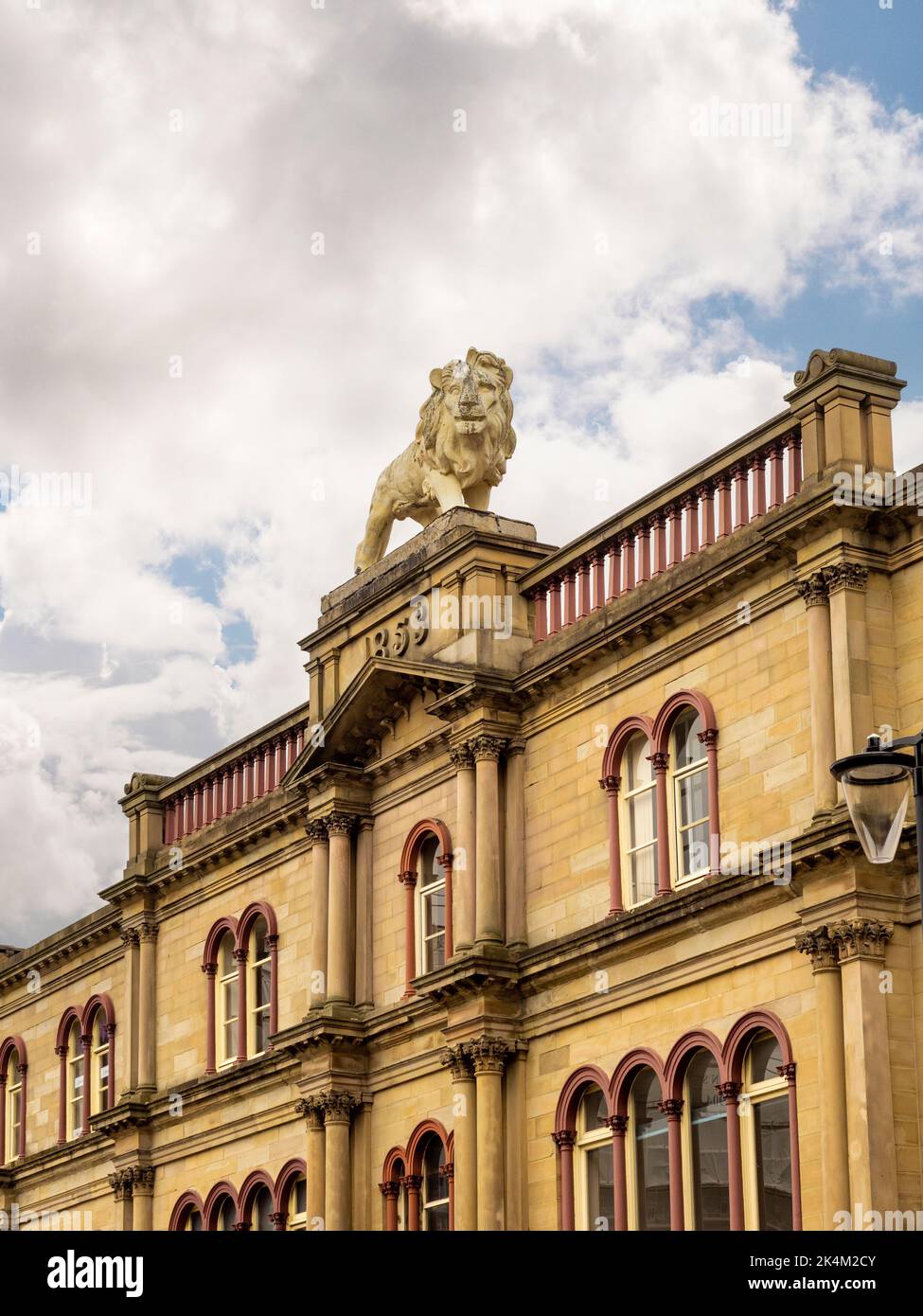 Statue de lion de pierre au sommet des bâtiments du lion sur la rue John Williams à Huddersfield. West Yorkshire. Banque D'Images