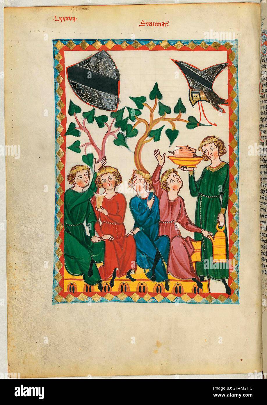 Le 'Codex Manesse', également connu sous le nom de 'Great Heidelberg Book of Songs' (Cod. Germe PAL. 848), a été créé entre 1300 et 1340 à Zurich et est la collection la plus complète de ballades et de poésie épigramatique en langue moyenne haute allemande. Il se compose de 426 feuilles de parcments, chacune de 35,5 x 25 cm, double-face, pagination ajoutée dans une main de pointe ultérieure. En outre, le codex comprend 140 pages vierges et de nombreuses pages partiellement vierges. Grand livre de chansons de Heidelberg. Grosse Heidelberger Liederhandschrift. Codex Manesse. Manuscrit illuminé, art médiéval Heidelberg, Université Banque D'Images