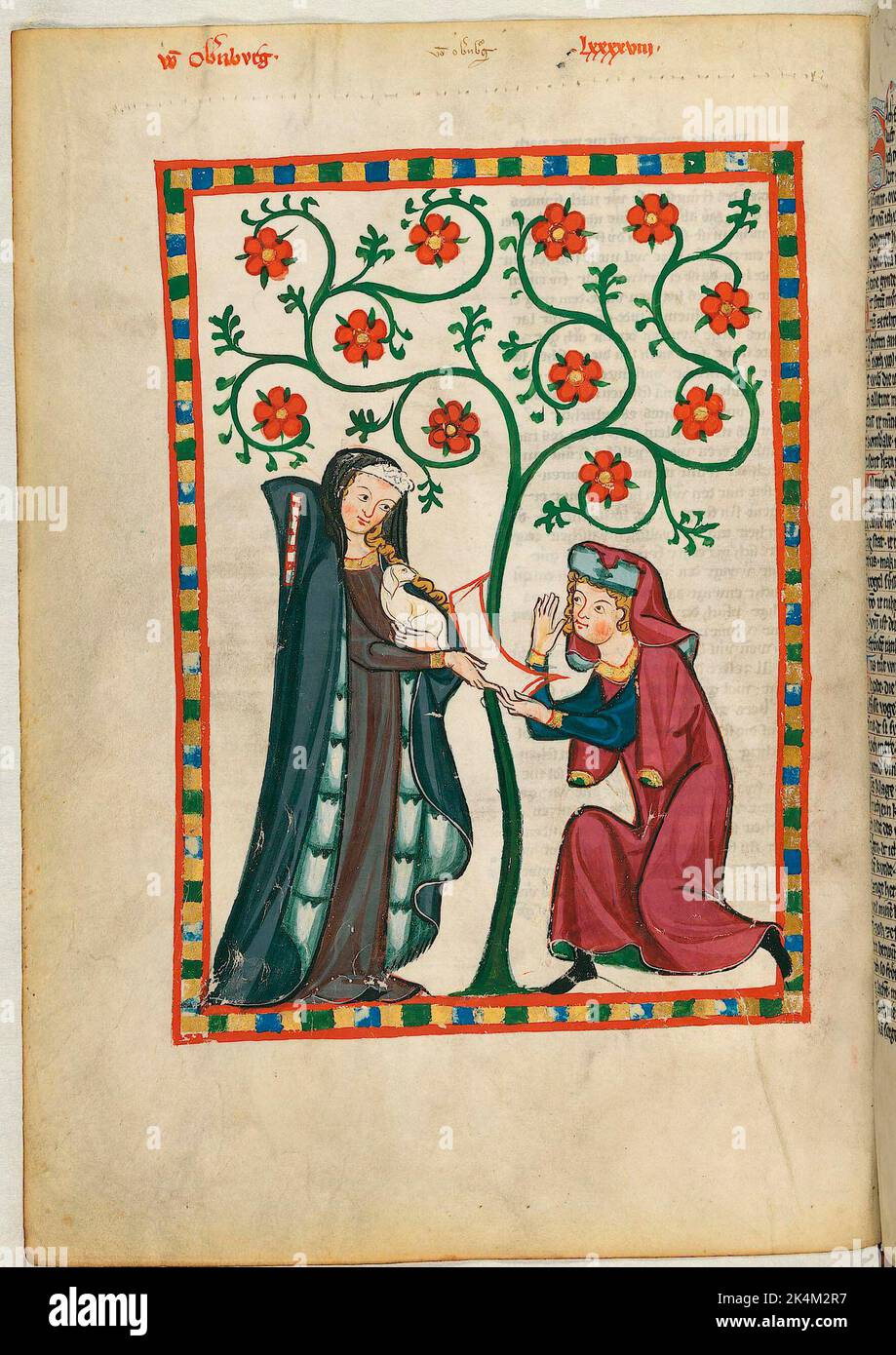 Le 'Codex Manesse', également connu sous le nom de 'Great Heidelberg Book of Songs' (Cod. Germe PAL. 848), a été créé entre 1300 et 1340 à Zurich et est la collection la plus complète de ballades et de poésie épigramatique en langue moyenne haute allemande. Il se compose de 426 feuilles de parcments, chacune de 35,5 x 25 cm, double-face, pagination ajoutée dans une main de pointe ultérieure. En outre, le codex comprend 140 pages vierges et de nombreuses pages partiellement vierges. Grand livre de chansons de Heidelberg. Grosse Heidelberger Liederhandschrift. Codex Manesse. Manuscrit illuminé, art médiéval Heidelberg, Université Banque D'Images