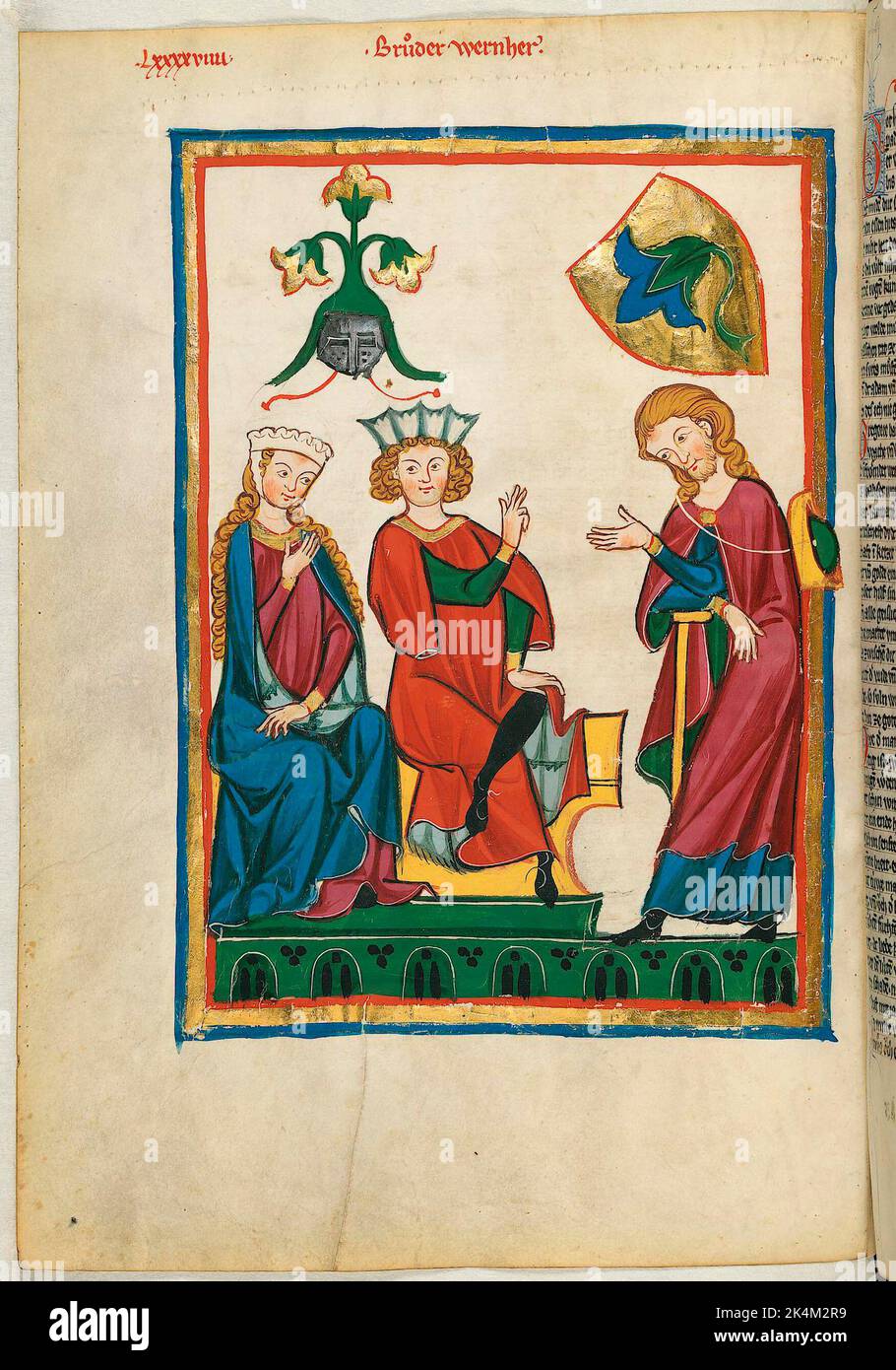 Le 'Codex Manesse', également connu sous le nom de 'Great Heidelberg Book of Songs' (Cod. Germe PAL. 848), a été créé entre 1300 et 1340 à Zurich et est la collection la plus complète de ballades et de poésie épigramatique en langue moyenne haute allemande. Il se compose de 426 feuilles de parcments, chacune de 35,5 x 25 cm, double-face, pagination ajoutée dans une main de pointe ultérieure. En outre, le codex comprend 140 pages vierges et de nombreuses pages partiellement vierges. Grand livre de chansons de Heidelberg. Grosse Heidelberger Liederhandschrift. Codex Manesse. Manuscrit illuminé, art médiéval Heidelberg, Université Banque D'Images