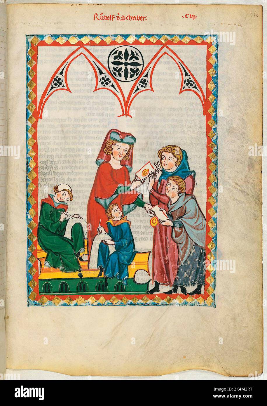 Le 'Codex Manesse', également connu sous le nom de 'Great Heidelberg Book of Songs' (Cod. Germe PAL. 848), a été créé entre 1300 et 1340 à Zurich et est la collection la plus complète de ballades et de poésie épigramatique en langue moyenne haute allemande. Il se compose de 426 feuilles de parcments, chacune de 35,5 x 25 cm, double-face, pagination ajoutée dans une main de pointe ultérieure. En outre, le codex comprend 140 pages vierges et de nombreuses pages partiellement vierges. Grand livre de chansons de Heidelberg. Grosse Heidelberger Liederhandschrift. Codex Manesse. Manuscrit illuminé, art médiéval Heidelberg, Université Banque D'Images