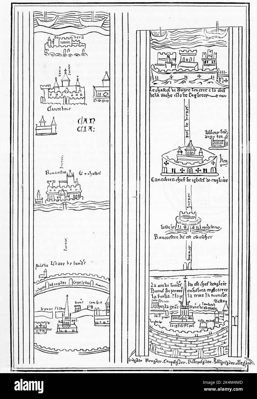La section de Londres à Douvres de Matthew Paris itinéraire de Londres à Palestine, 13th siècle. Par Matthew Paris (C1200-1259). Les cartes de pèlerinage de Jérusalem ont commencé à apparaître en 1200s. Ici, le moine bénédictin anglais, Matthew Paris, dépeint le voyage de Londres à Jérusalem. La carte apparaît dans des versions du Chronica Maiora de Paris, son histoire du monde depuis sa création jusqu’en 1253. Il apparaît dans un style linéaire, avec des folios collés dos à dos, et peut avoir été à l'origine une carte à une seule longue bande. Banque D'Images