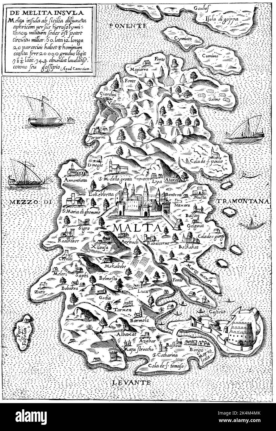 Carte de Malte, 16th siècle. Par Giovanni Francesco Camocio (1501-1575). Le 23 mars 1530, Charles V, empereur Saint-Romain, donna les îles de Malte aux Chevaliers hospitaliers sous la direction du Français Philippe Villiers de l'Isle-Adam, Grand Maître de l'ordre. Les Chevaliers hospitaliers furent les dirigeants de Malte et de Gozo entre 1530 et 1798. Banque D'Images