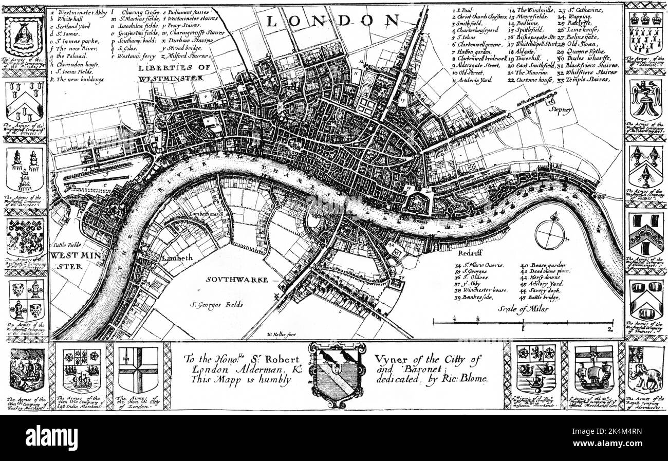 Plan de Londres, c1673. Par Venceslaus Hollar (1607-1677). Un plan montrant Londres avant le Grand incendie de Londres. La carte montre Londres s'étendant de Westminster à Stepney et de St George's Fields dans le sud aux champs au nord de la ville. De Richard Blome 'Britannia', Londres 1673. Banque D'Images