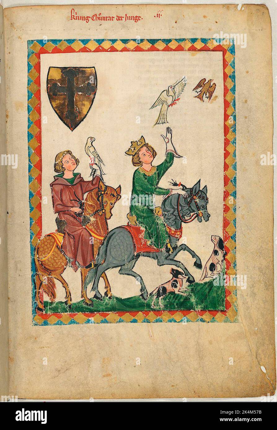 Le 'Codex Manesse', également connu sous le nom de 'Great Heidelberg Book of Songs' (Cod. Germe PAL. 848), a été créé entre 1300 et 1340 à Zurich et est la collection la plus complète de ballades et de poésie épigramatique en langue moyenne haute allemande. Il se compose de 426 feuilles de parcments, chacune de 35,5 x 25 cm, double-face, pagination ajoutée dans une main de pointe ultérieure. En outre, le codex comprend 140 pages vierges et de nombreuses pages partiellement vierges. Grand livre de chansons de Heidelberg. Grosse Heidelberger Liederhandschrift. Codex Manesse. Manuscrit illuminé, art médiéval Heidelberg, Université Banque D'Images