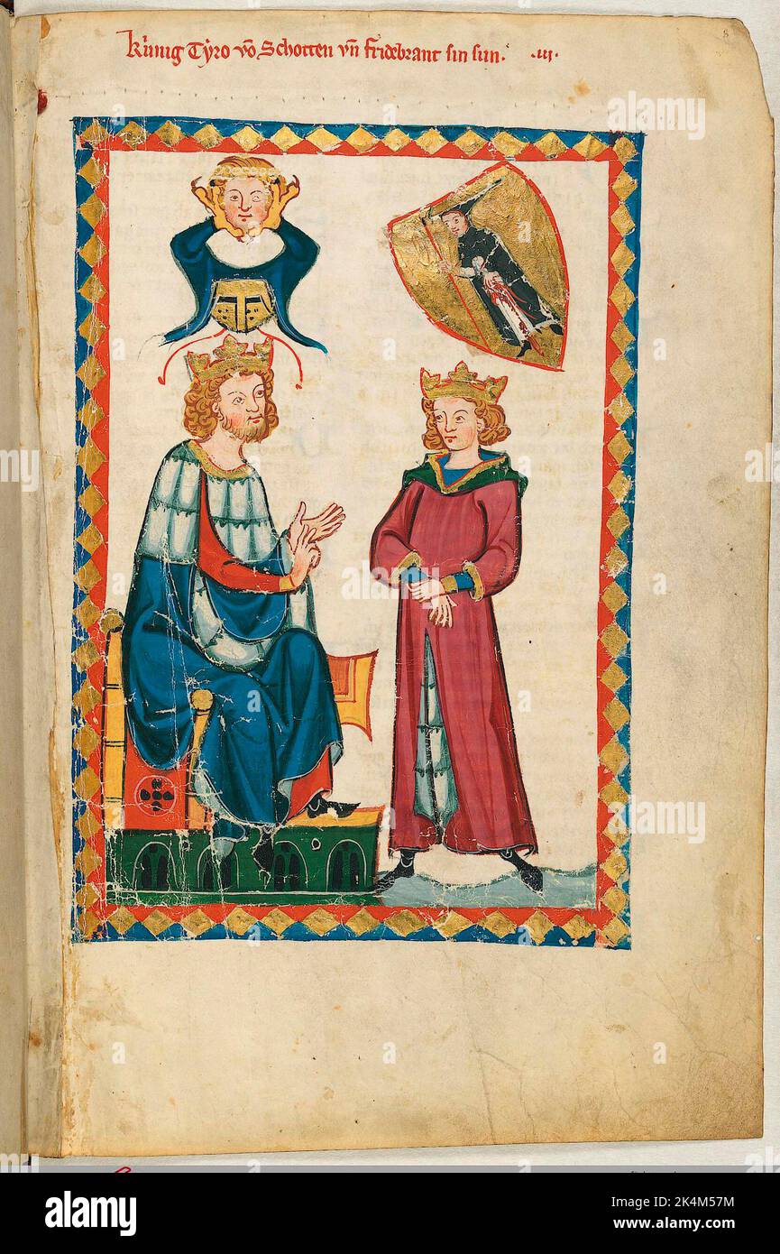 Le 'Codex Manesse', également connu sous le nom de 'Great Heidelberg Book of Songs' (Cod. Germe PAL. 848), a été créé entre 1300 et 1340 à Zurich et est la collection la plus complète de ballades et de poésie épigramatique en langue moyenne haute allemande. Il se compose de 426 feuilles de parcments, chacune de 35,5 x 25 cm, double-face, pagination ajoutée dans une main de pointe ultérieure. En outre, le codex comprend 140 pages vierges et de nombreuses pages partiellement vierges. Grand livre de chansons de Heidelberg. Grosse Heidelberger Liederhandschrift. Codex Manesse. Manuscrit illuminé, art médiéval Heidelberg, Université Banque D'Images