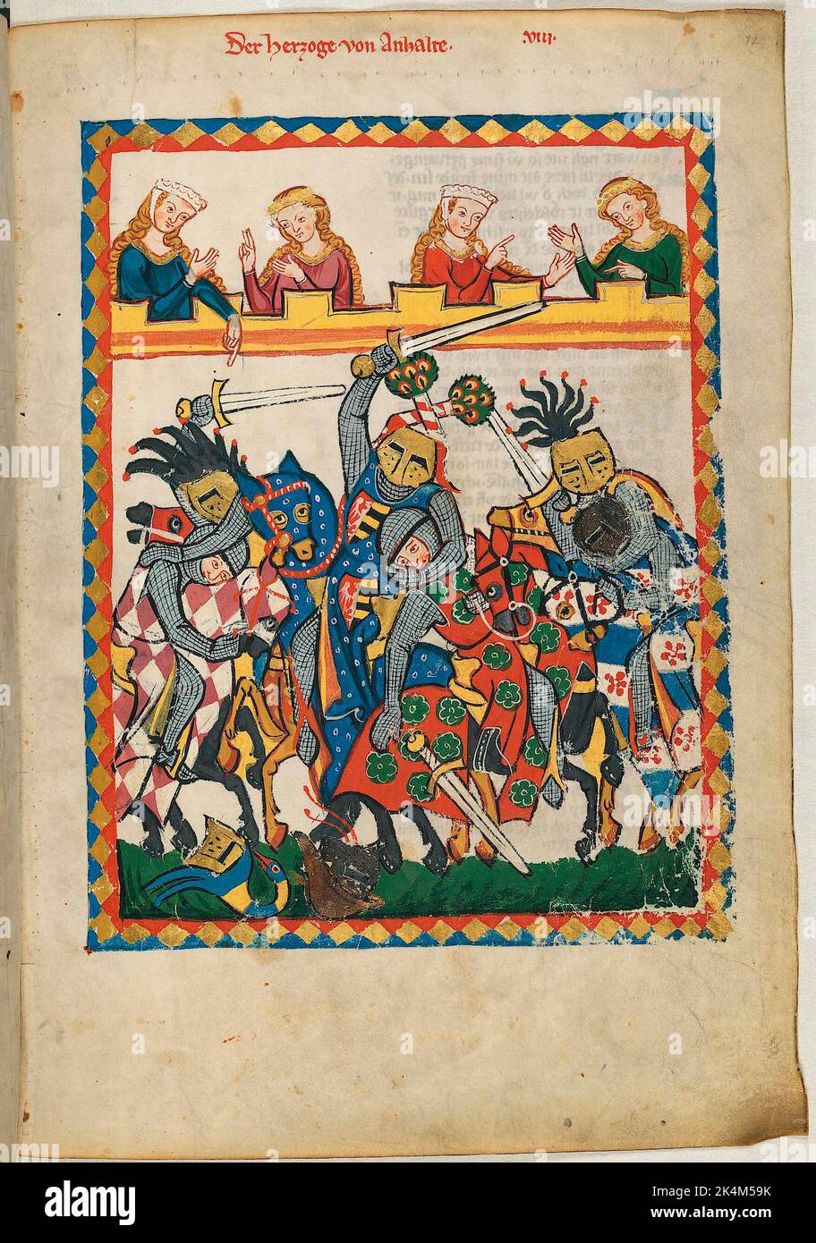 Le 'Codex Manesse', également connu sous le nom de 'Great Heidelberg Book of Songs' (Cod. Germe PAL. 848), a été créé entre 1300 et 1340 à Zurich et est la collection la plus complète de ballades et de poésie épigramatique en langue moyenne haute allemande. Il se compose de 426 feuilles de parcments, chacune de 35,5 x 25 cm, double-face, pagination ajoutée dans une main de pointe ultérieure. En outre, le codex comprend 140 pages vierges et de nombreuses pages partiellement vierges. Grand livre de chansons de Heidelberg. Grosse Heidelberger Liederhandschrift. Codex Manesse. Manuscrit illuminé, art médiéval Heidelberg, Université Banque D'Images