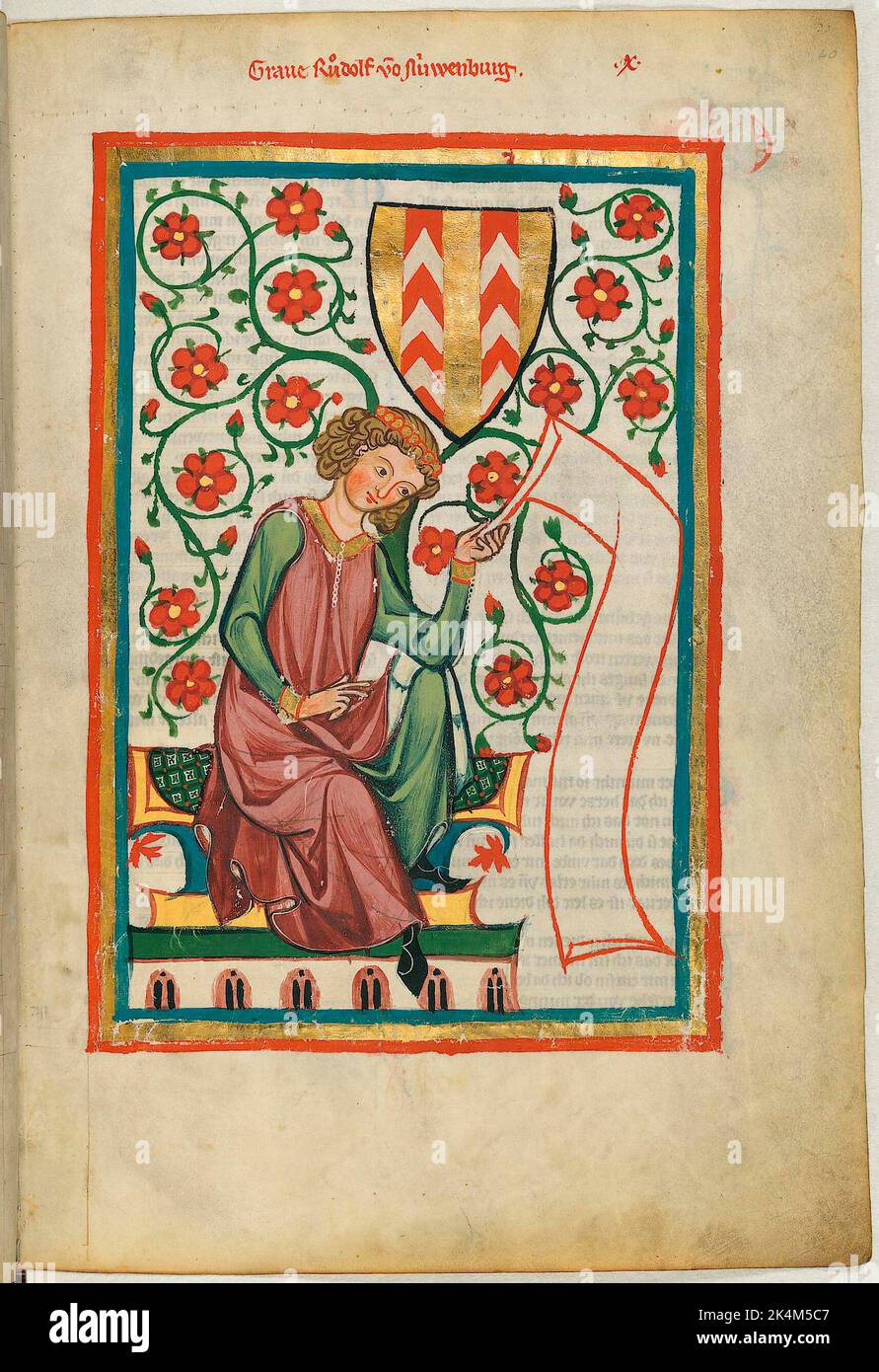 Le 'Codex Manesse', également connu sous le nom de 'Great Heidelberg Book of Songs' (Cod. Germe PAL. 848), a été créé entre 1300 et 1340 à Zurich et est la collection la plus complète de ballades et de poésie épigramatique en langue moyenne haute allemande. Il se compose de 426 feuilles de parcments, chacune de 35,5 x 25 cm, double-face, pagination ajoutée dans une main de pointe ultérieure. En outre, le codex comprend 140 pages vierges et de nombreuses pages partiellement vierges. Grand livre de chansons de Heidelberg. Grosse Heidelberger Liederhandschrift. Codex Manesse. Manuscrit illuminé, art médiéval Heidelberg, Université Banque D'Images