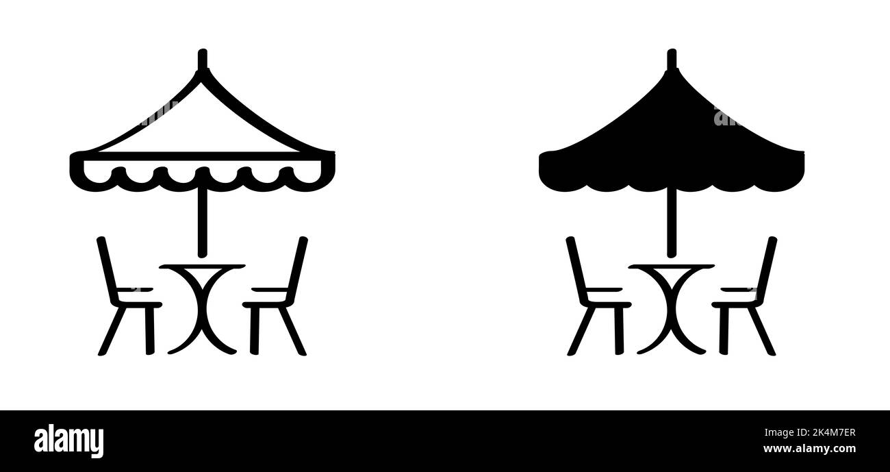 Restaurant de dessin animé, salle à manger, table avec chaises. Café terrasse Icon Table sous parasol. Pictogramme de chaise longue. Icône ou signe de vecteur plat. Vacances, vaca Banque D'Images