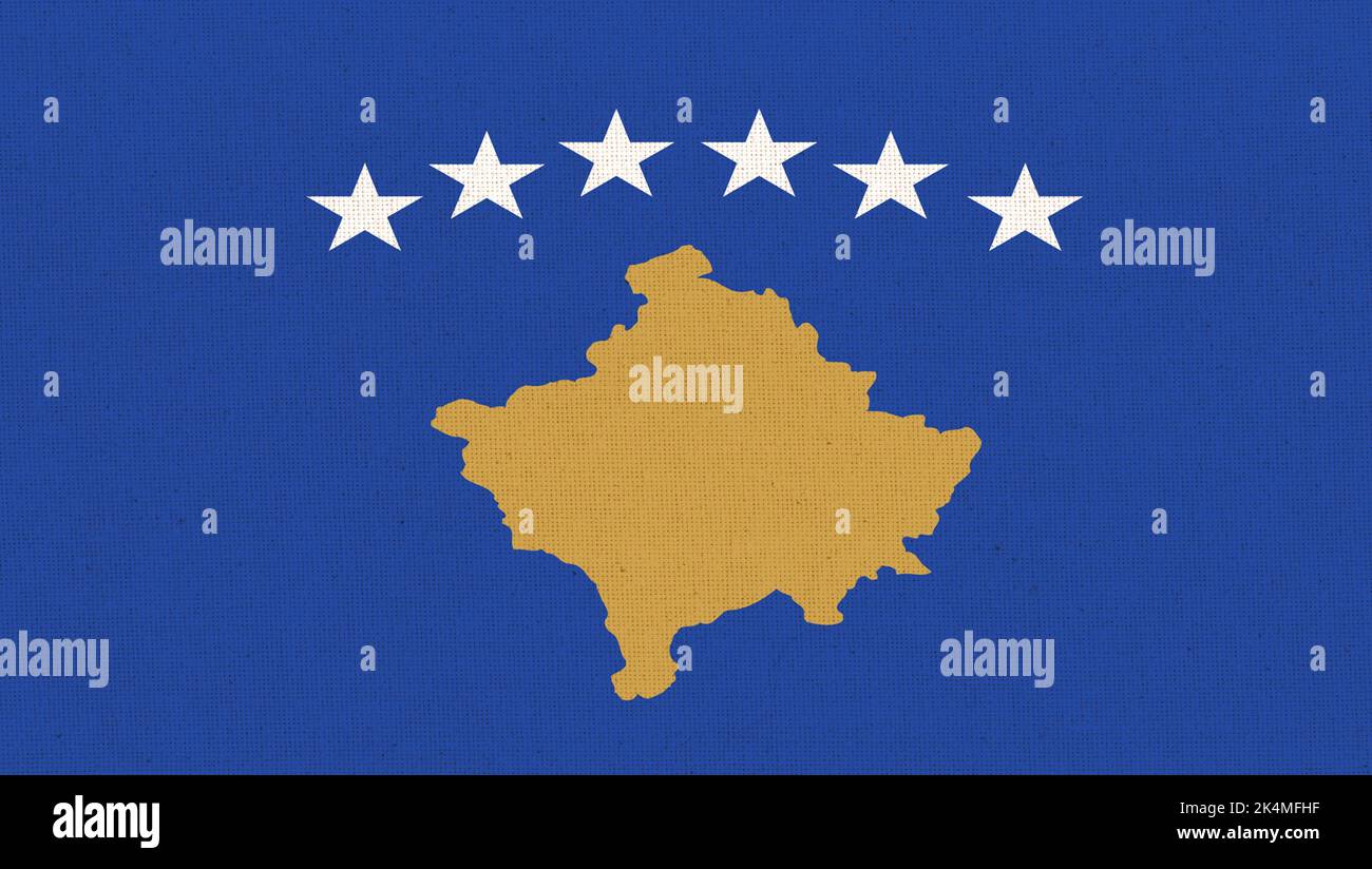 Drapeau du Kosovo. Drapeau de la nouvelle République du Kosovo, pays européen, sur la surface du tissu. Texture du tissu. Illustration du symbole national du Kosovo. Kosovo Banque D'Images