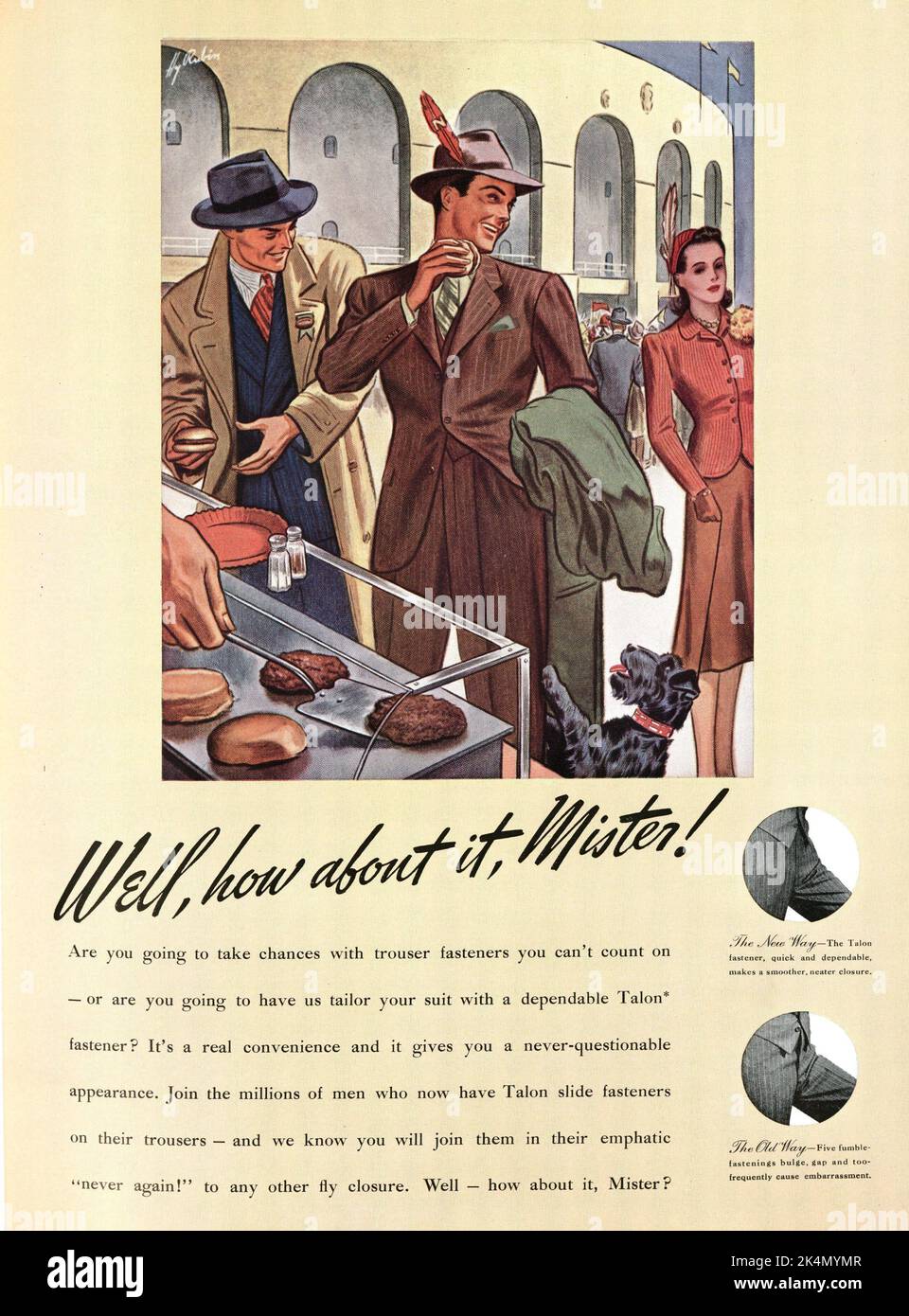 Eh bien, et bien, Mister! [Publicité des attaches de pantalons talon pour les costumes.]. Nouveaux styles pour homme. Date de création : 1942 - 1942 (approximative) Banque D'Images