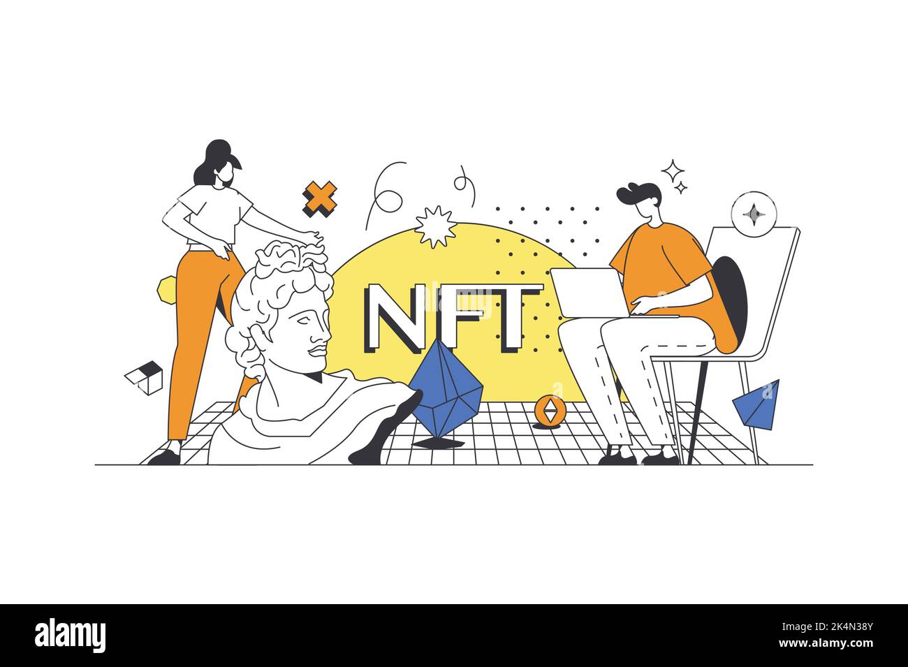 NFT et le concept Web de crypto-monnaie en conception à contour plat avec des personnages. L'homme et la femme investissent dans des œuvres d'art à collectionner avec un jeton non fongible. Crypto Illustration de Vecteur