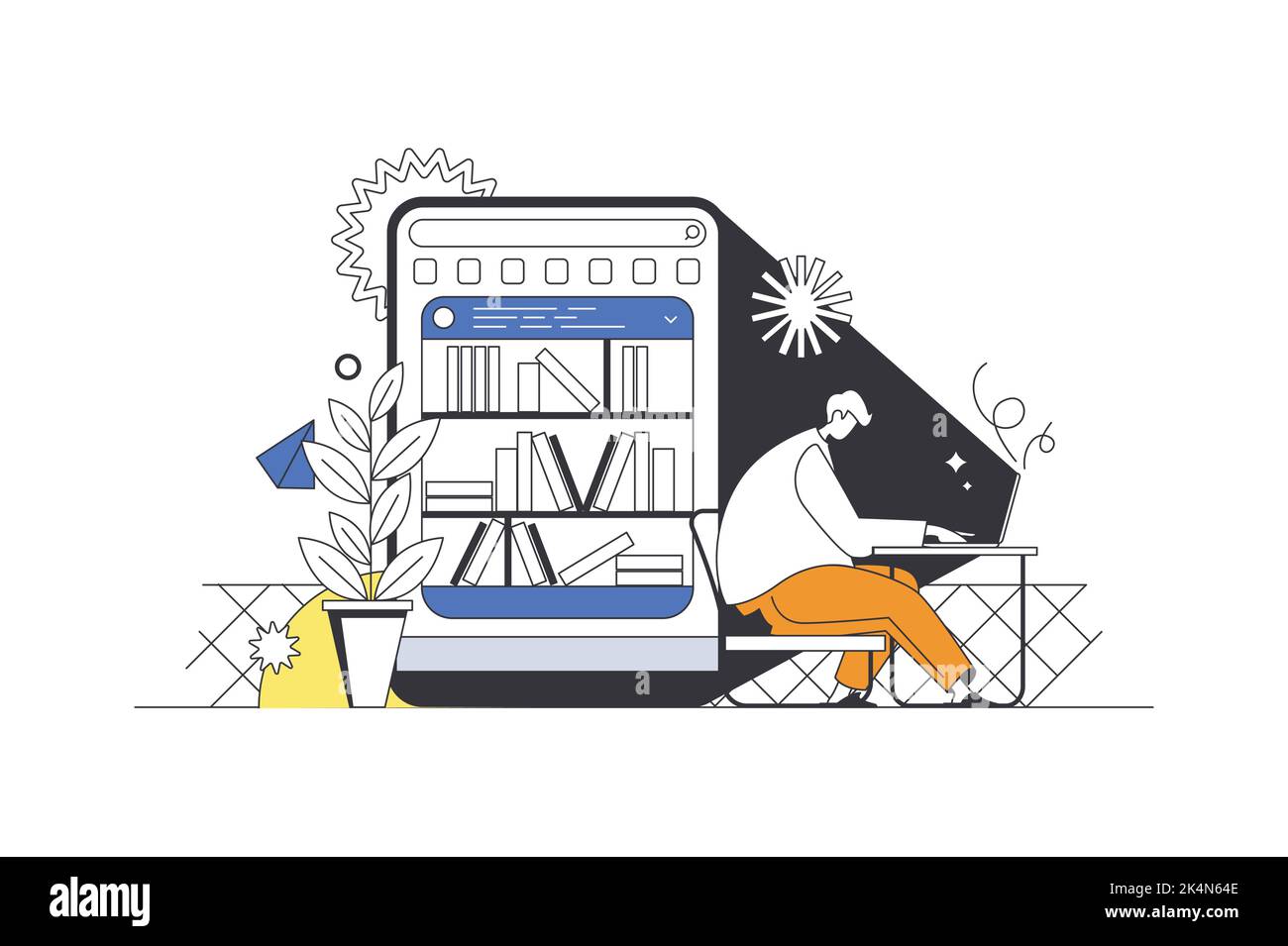 Lecture en ligne web concept en plan avec le caractère. Homme lisant des livres électroniques ou des manuels sur ordinateur portable, stocke des livres dans la bibliothèque Cloud à Illustration de Vecteur