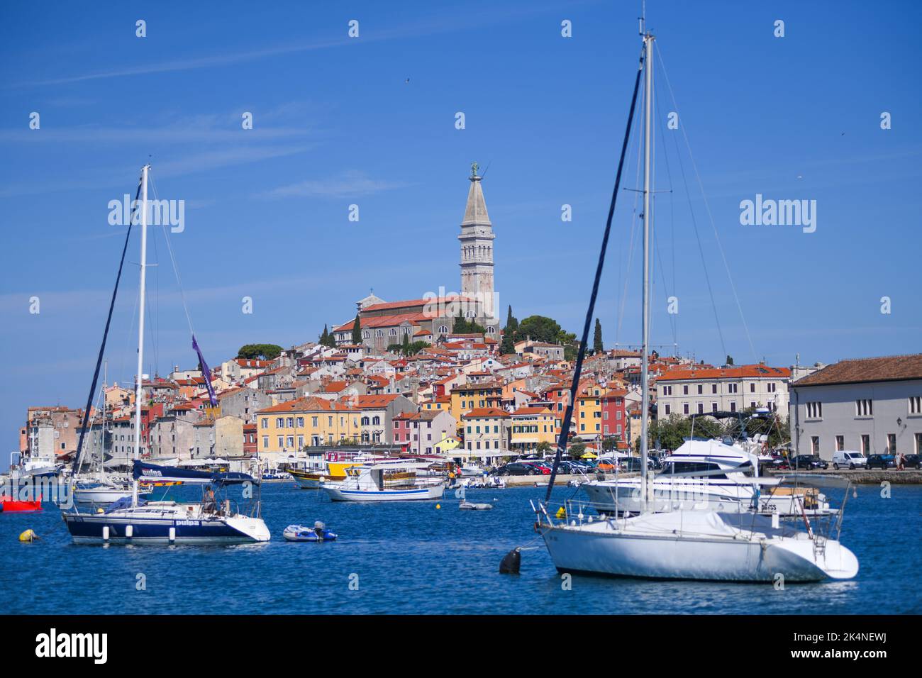 Rovinj : port et horizon de la vieille ville, avec le clocher de l'église Saint-Euphemia. Vue depuis Obala Vladimira Nazara, Croatie Banque D'Images