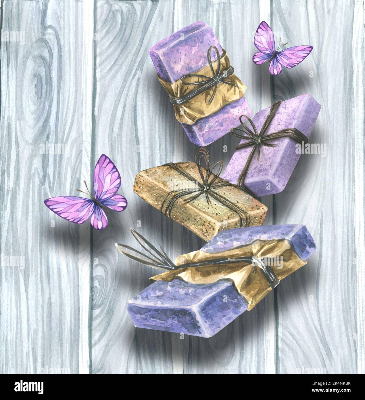 Savon fait à la main en papier artisanal, attaché avec une corde avec des papillons sur un fond de planches en bois. Illustration aquarelle. La composition d'un grand Banque D'Images