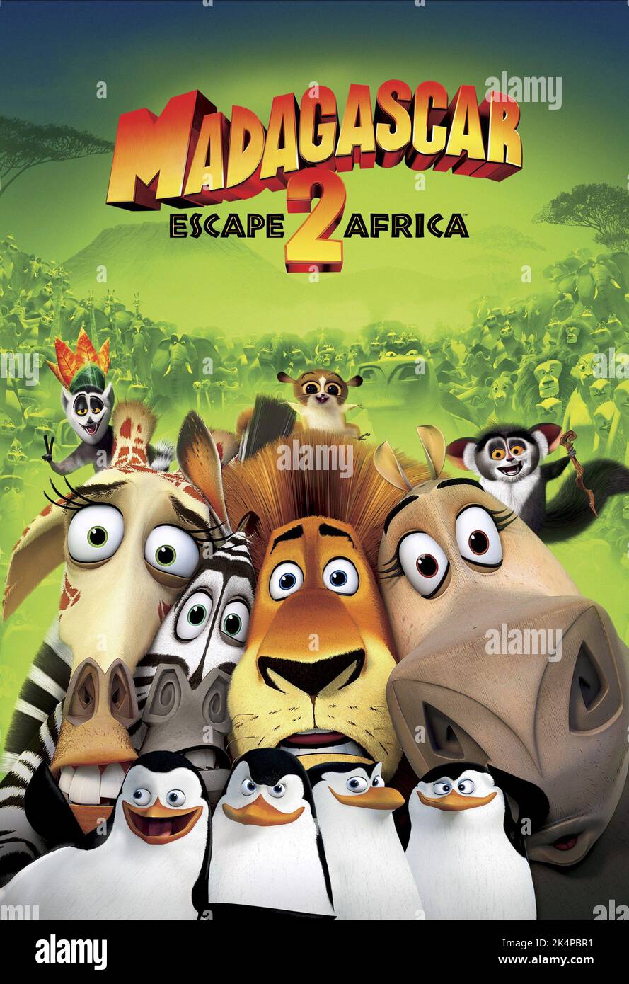 MELMAN, Marty le zèbre, ALEX LE LION, GLORIA L'hippopotame, le Roi Julien, pingouins POSTER, Madagascar : Escape 2 Africa, 2008 Banque D'Images