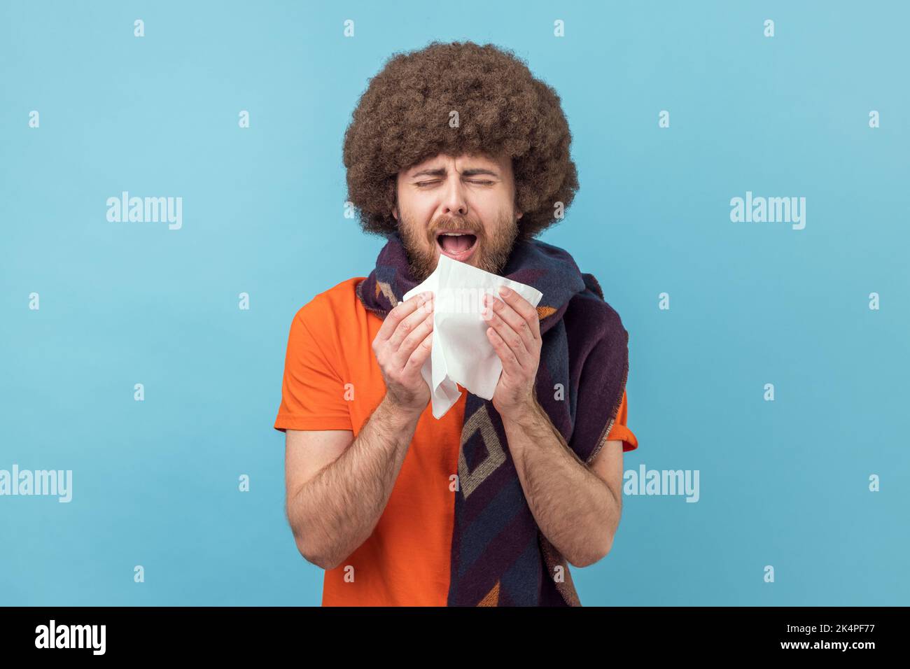 Homme avec une coiffure afro enveloppé dans un foulard éternuant, toussant, se sentant mal, malade ou grippe, souffrant d'allergie ou de symptômes de grippe saisonnière. Studio d'intérieur isolé sur fond bleu. Banque D'Images