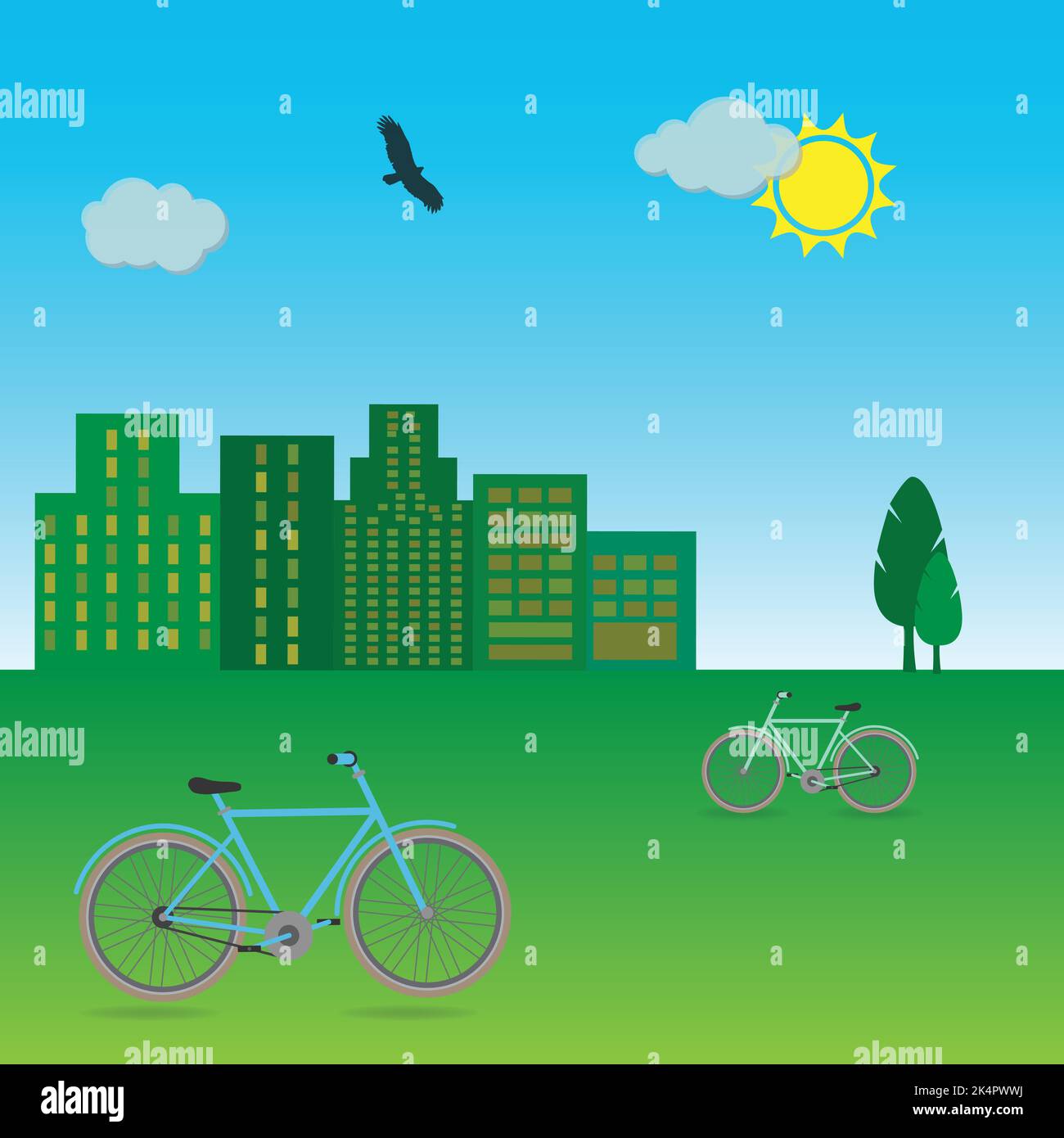 Paysage de prairie avec des vélos, des arbres et des blocs, journée sans voiture du monde Illustration de Vecteur