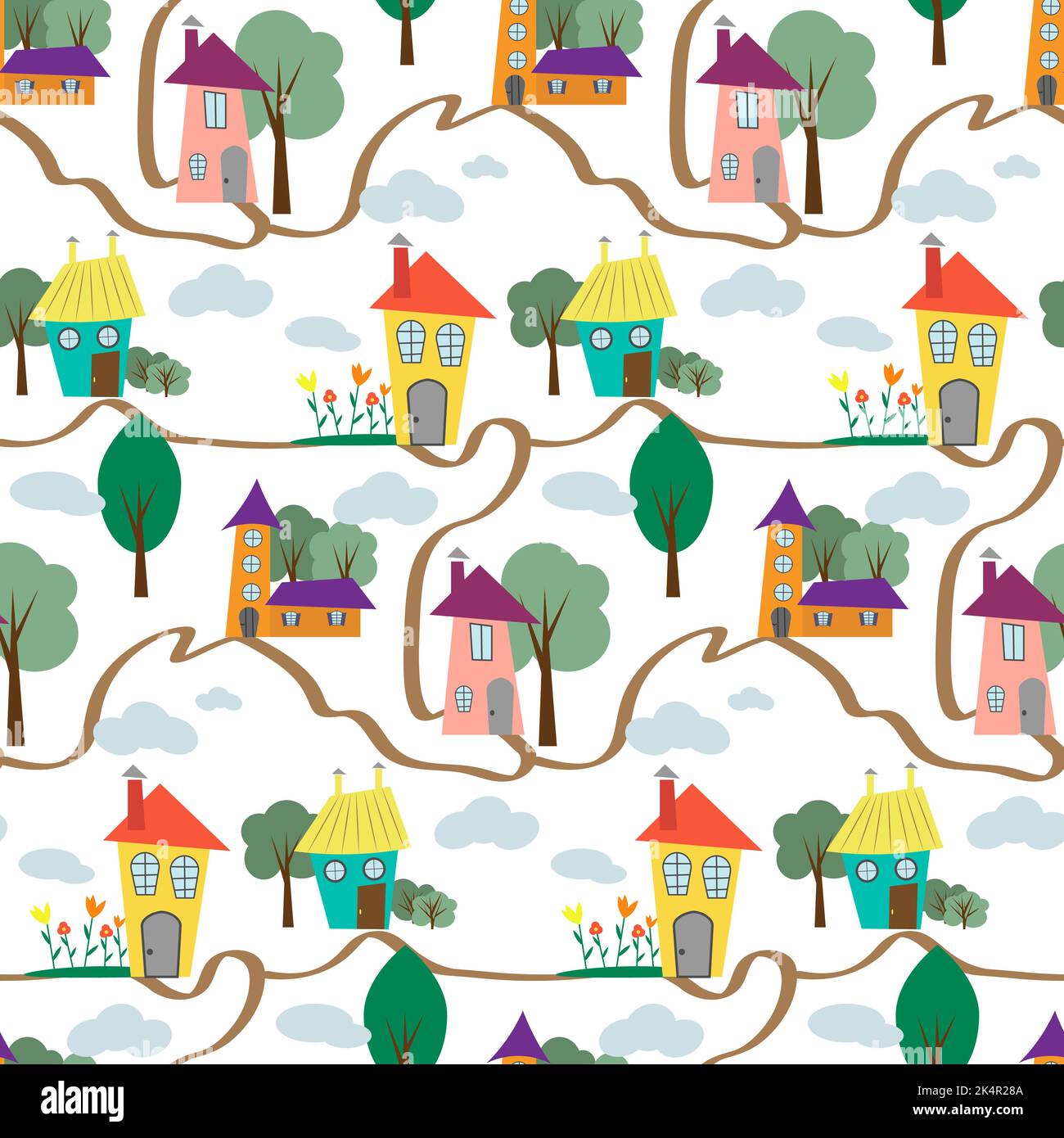 Maisons colorées avec arbres et fleurs - motif sans couture. Illustration vectorielle. Illustration de Vecteur