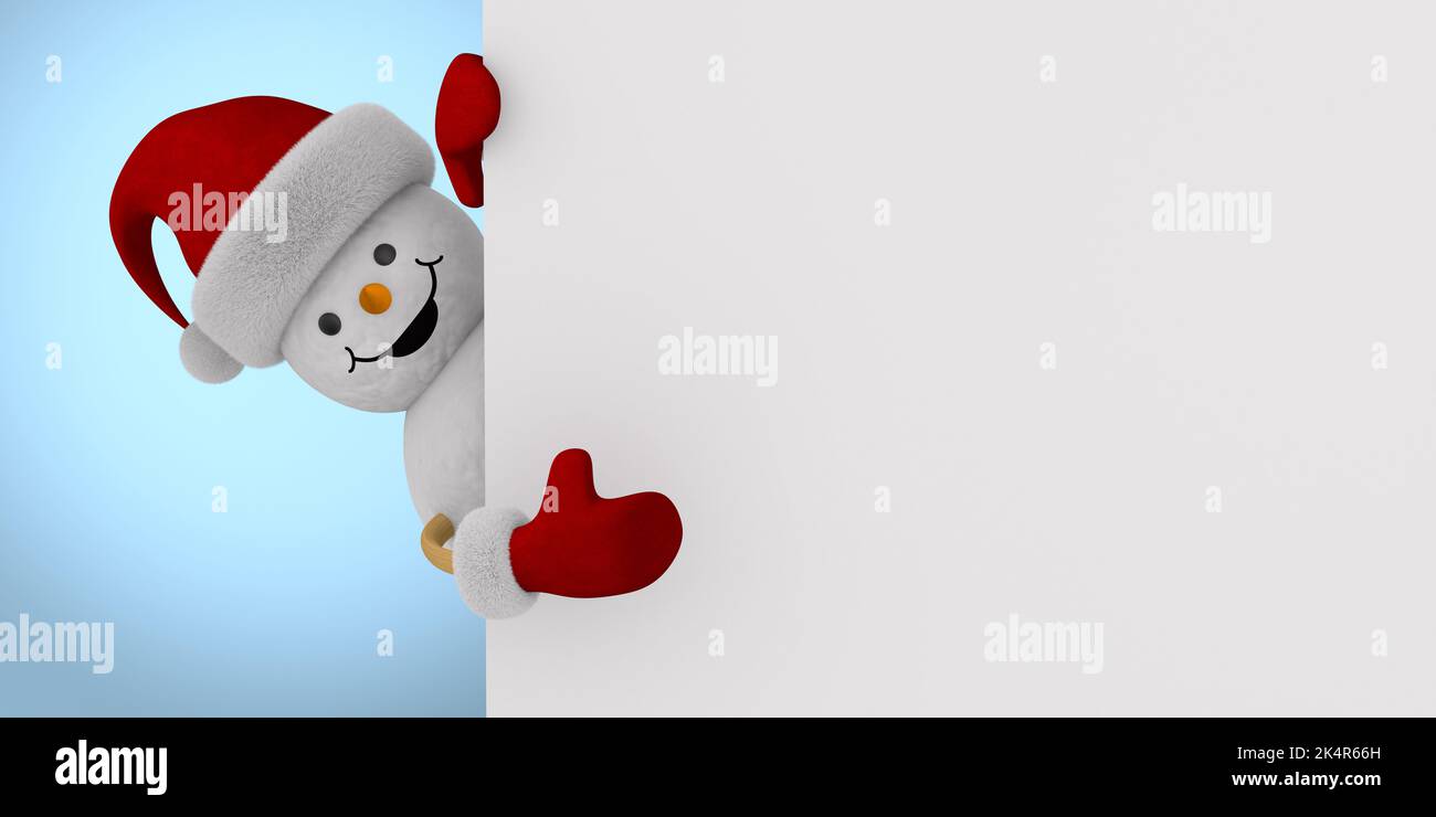 bonhomme de neige avec bannière sur fond bleu. 3D illustration Banque D'Images