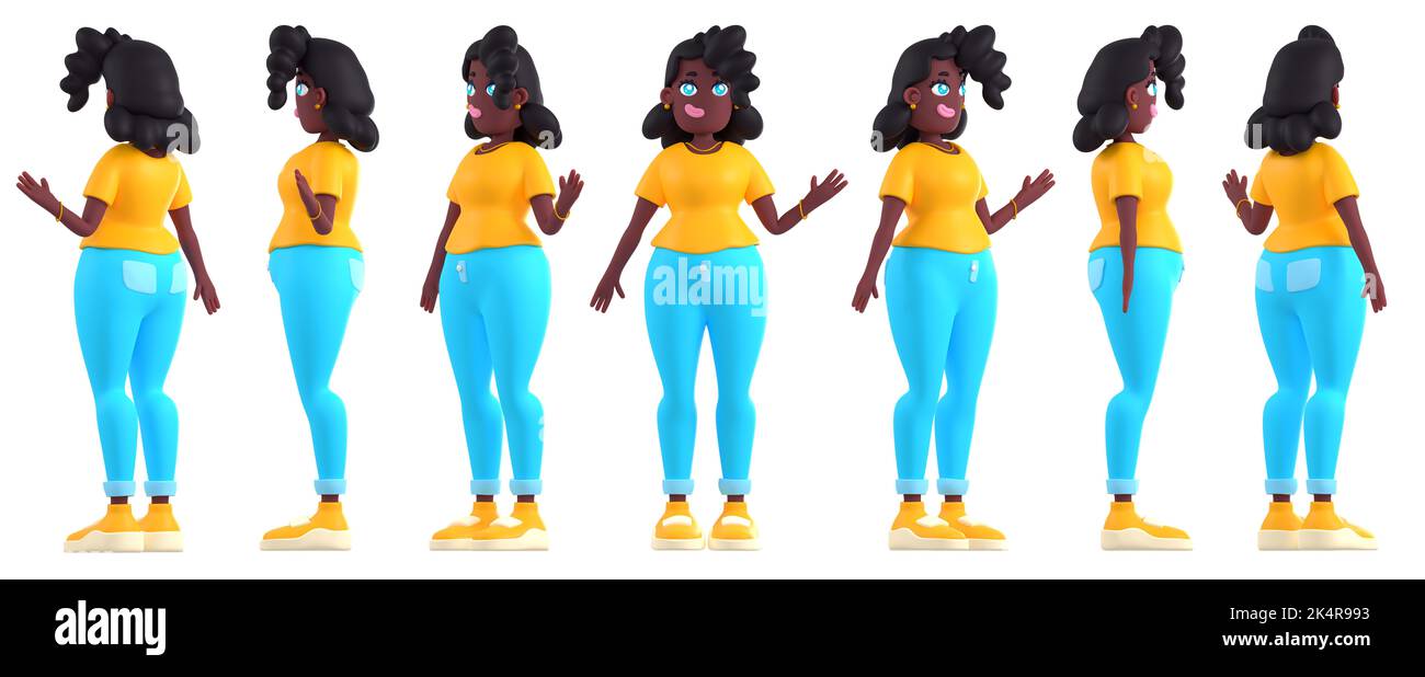 3D ensemble d'illustrations de femme afro-américaine isolée sur fond blanc. Personnage féminin en jaune et bleu vêtements décontractés debout devant, côté, vue arrière, une main relevée. Geste de salutation Banque D'Images