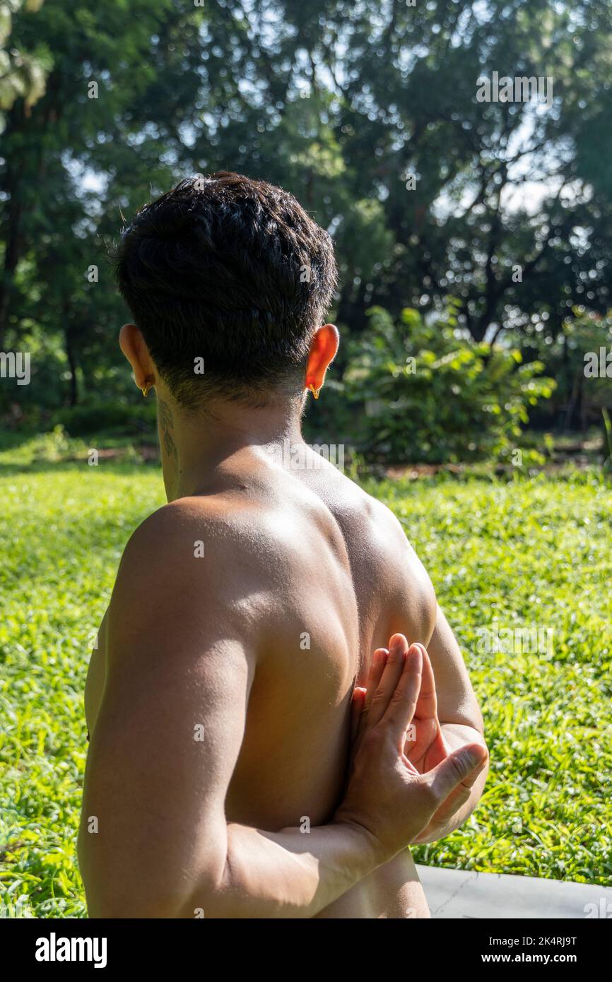Latino-américain faisant la posture du yoga, la posture du yoga, Bee en arrière Prsthatah Brahmara, forêt Banque D'Images