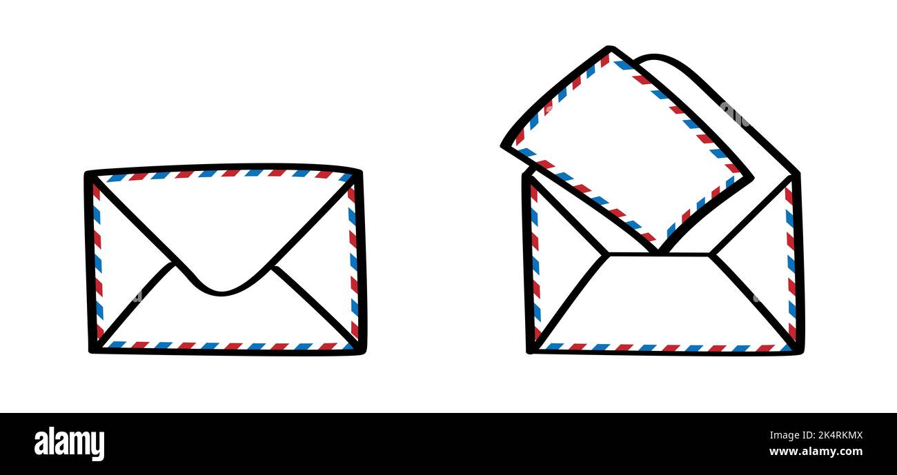 Des enveloppes vierges et des cartes postales voyagent dans le style du courrier aérien. Boîte postale ou affiche du bureau de poste. Boîte de réception, icône courrier. Enveloppe vectorielle. Dessin animé ancien courrier de lettre ouvert. Banque D'Images