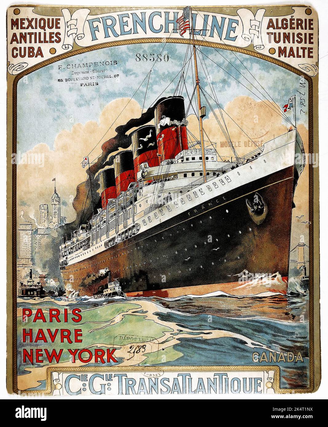 Vintager Travel Poster - French Line, Cie GLE transatlantique Paris, Havre, New York, 1912 Banque D'Images