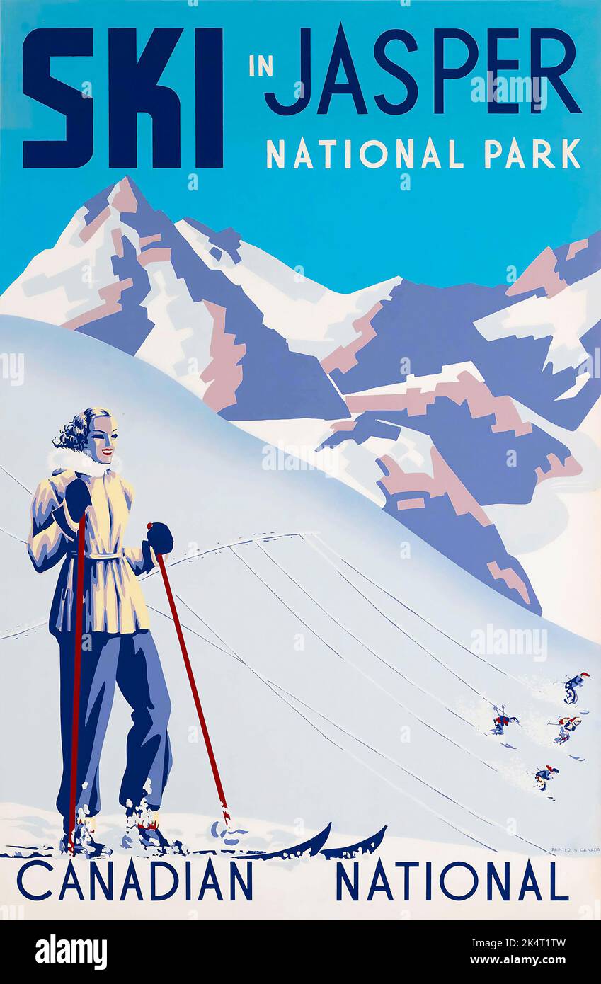 Artiste anonyme - Sport d'hiver - SKI DANS LE PARC NATIONAL JASPER, CANADA - affiche de voyage du canadien National, années 1930 Banque D'Images