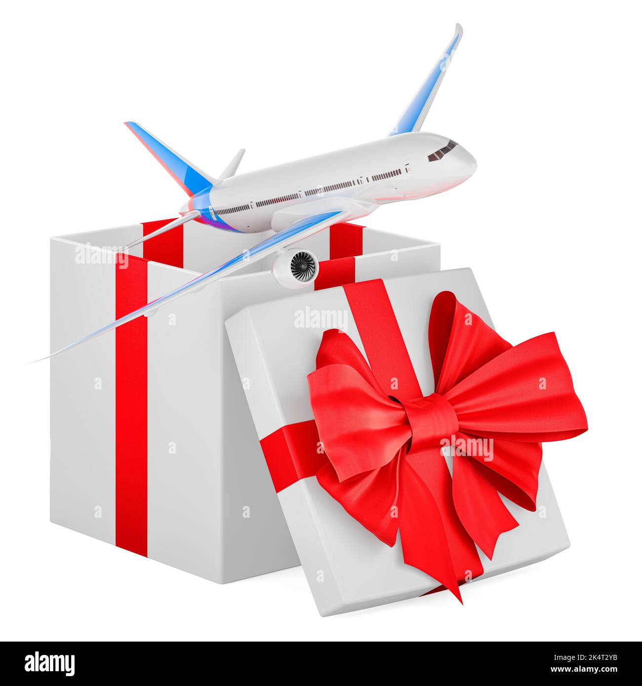 Avion à l'intérieur de la boîte cadeau, concept cadeau. 3D rendu isolé sur fond blanc Banque D'Images