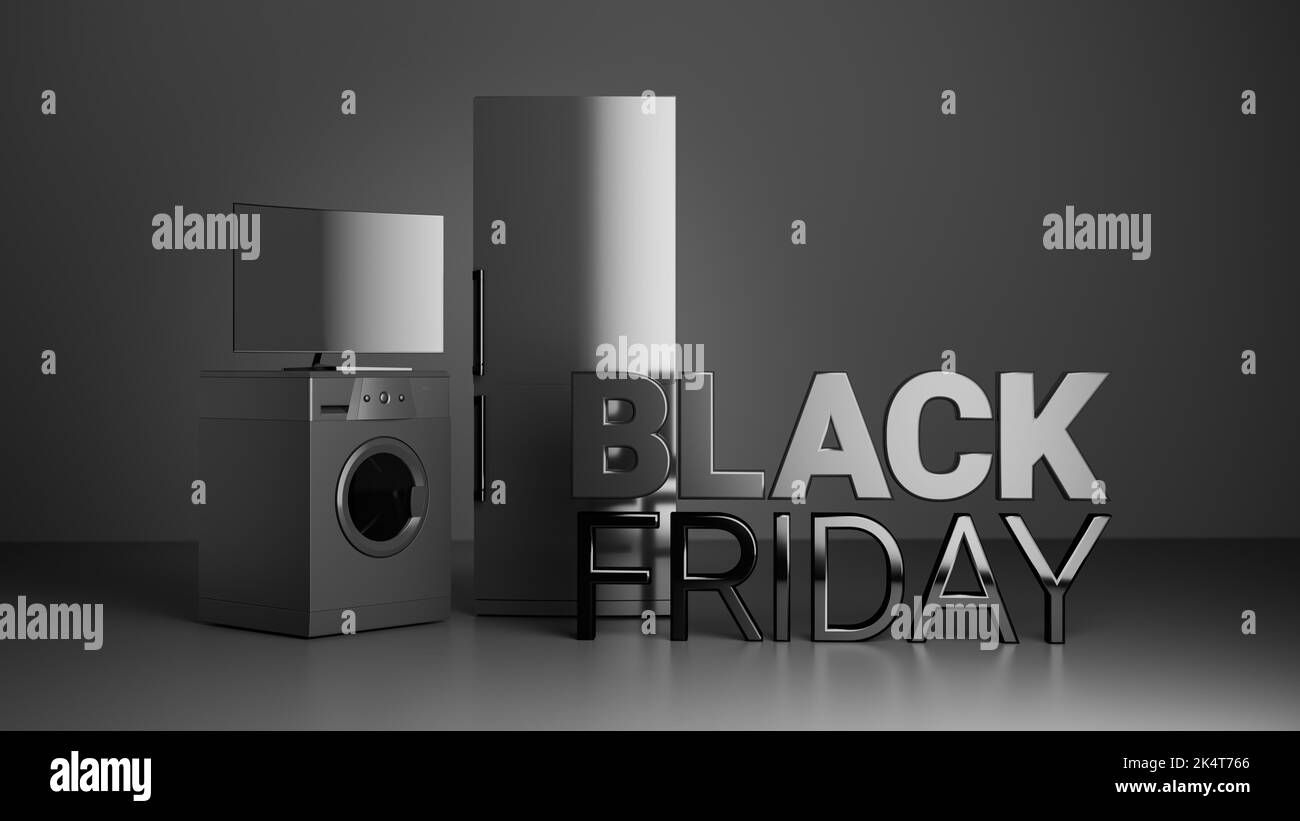 Black Friday pour le concept d'appareils électroménagers. Un lave-linge sombre, une télévision et un réfrigérateur sur fond noir avec le texte « Black Friday » devant. Banque D'Images