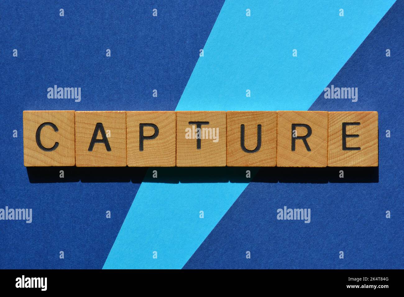 Saisissez, mot à la mode professionnel signifiant à retenir et à prendre note, en lettres de l'alphabet de bois isolées sur fond bleu Banque D'Images