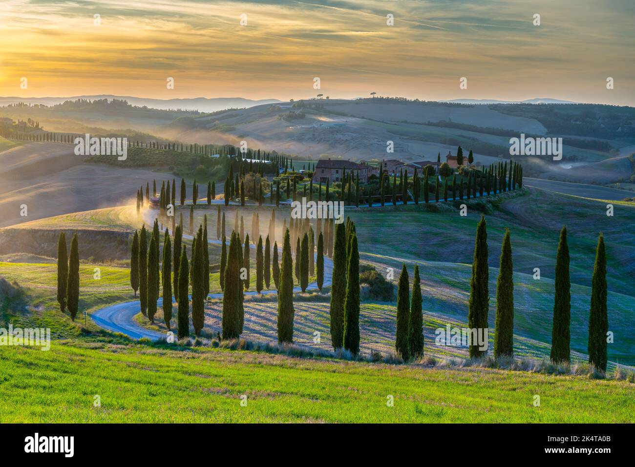 Paysage toscan typique de Val d'Orcia (Sienne) avec cyprès, au coucher du soleil Banque D'Images