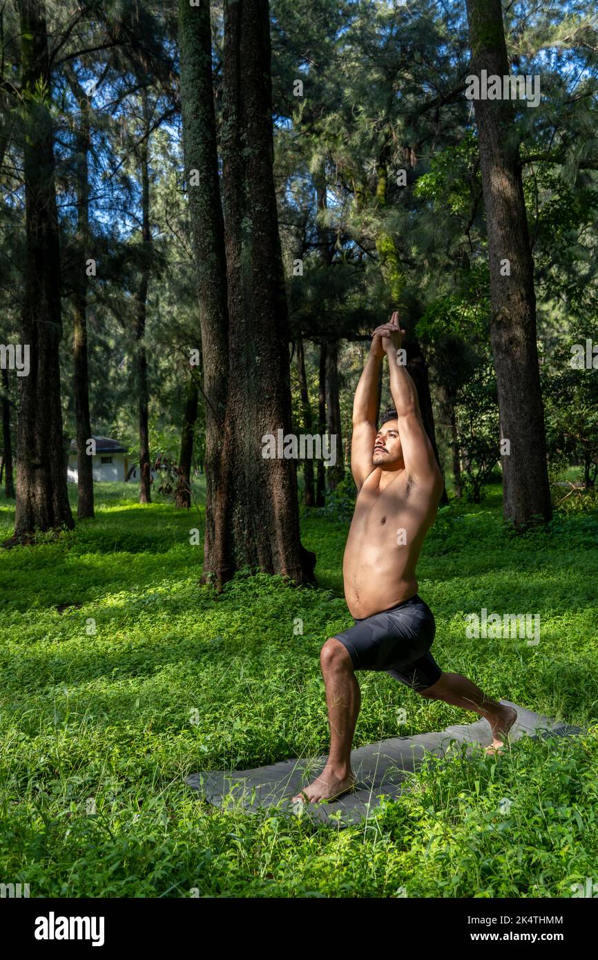 Latino-américain faisant la posture du yoga, la posture du yoga, Bee en arrière Prsthatah Brahmara, forêt Banque D'Images