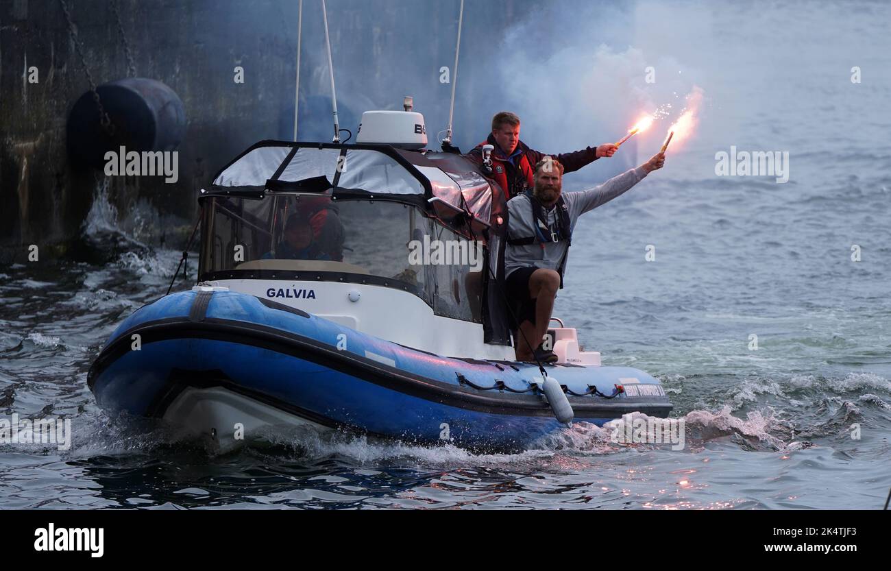 L'ancien joueur de rugby professionnel Damian Browne arrive à Galway après être devenu la première personne à s'affiler de New York à Galway en mer. Il a passé 112 jours en mer pendant son voyage solo à travers l'Atlantique. Date de la photo: Mardi 4 octobre 2022. Banque D'Images