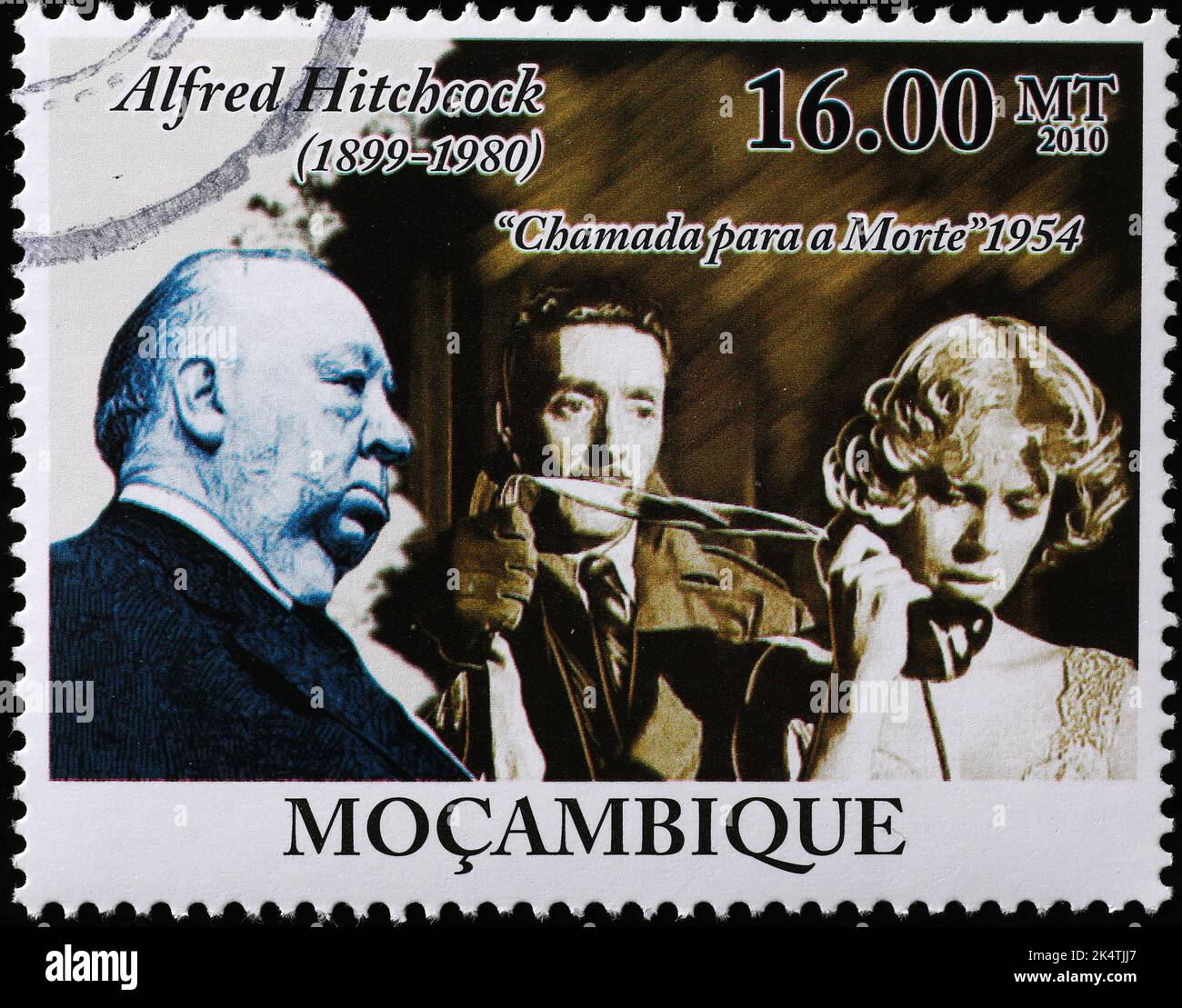 Alfred Hitchcock et son film « Dial M for Murder » sur le timbre Banque D'Images