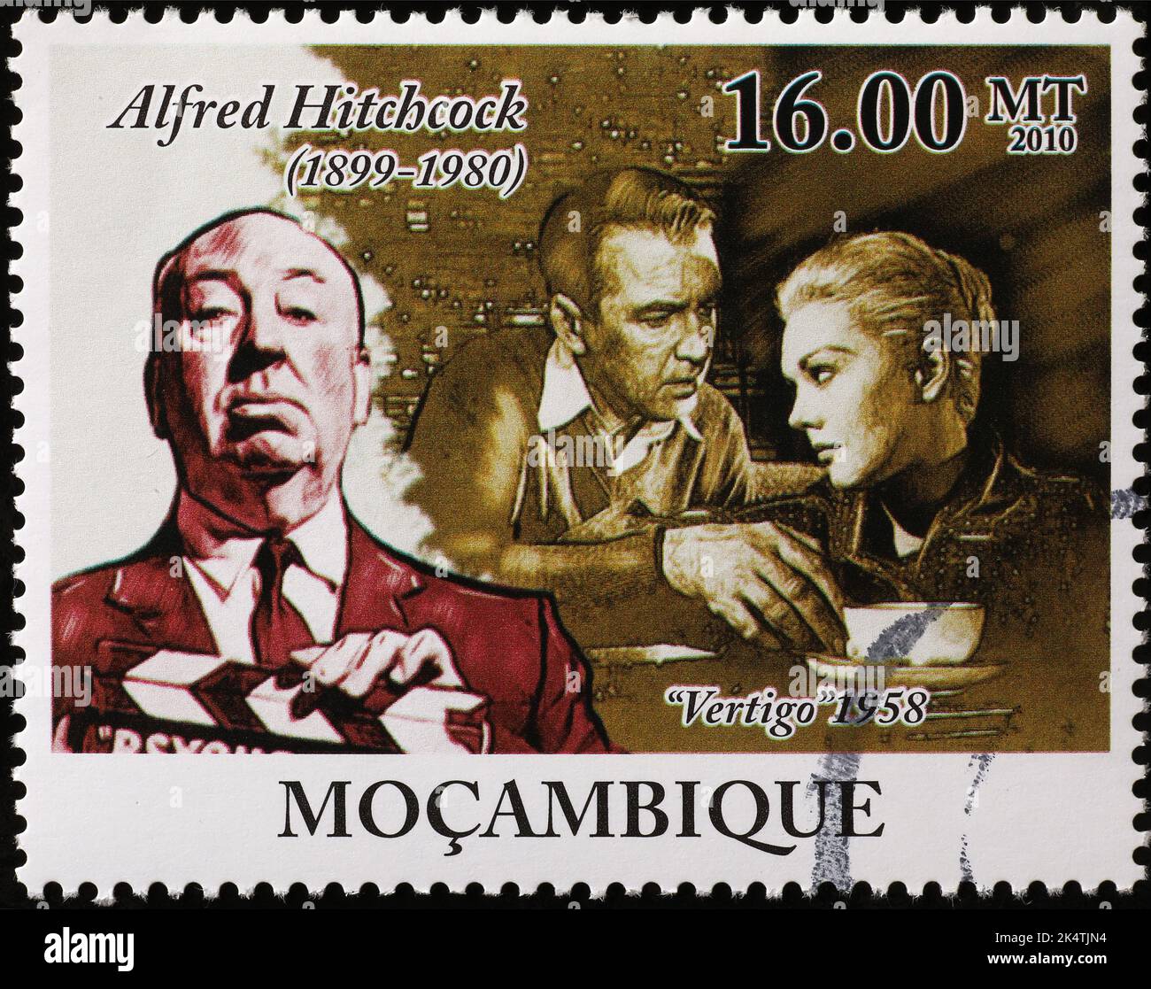 Alfred Hitchcock et son film « Vertigo » sur le timbre Banque D'Images