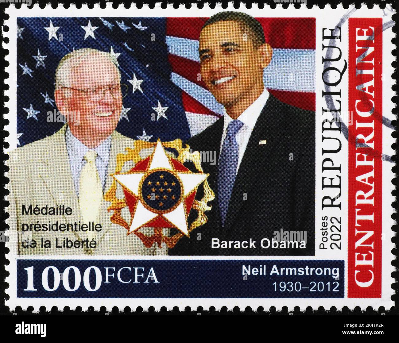 Barack Obama et Neil Armstong sur timbre-poste Banque D'Images