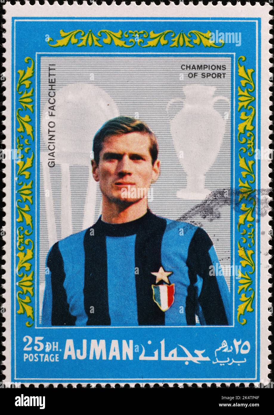 Footballeur Giacinto Facchetti sur l'ancien timbre-poste Banque D'Images
