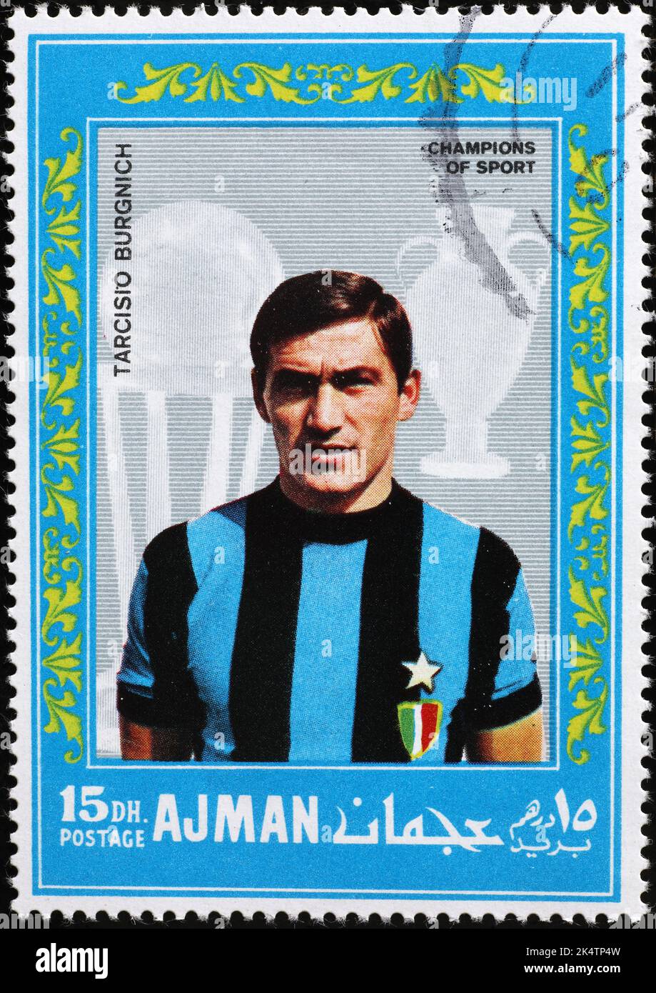 Footballeur Tarcisio Burgnich sur l'ancien timbre-poste Banque D'Images