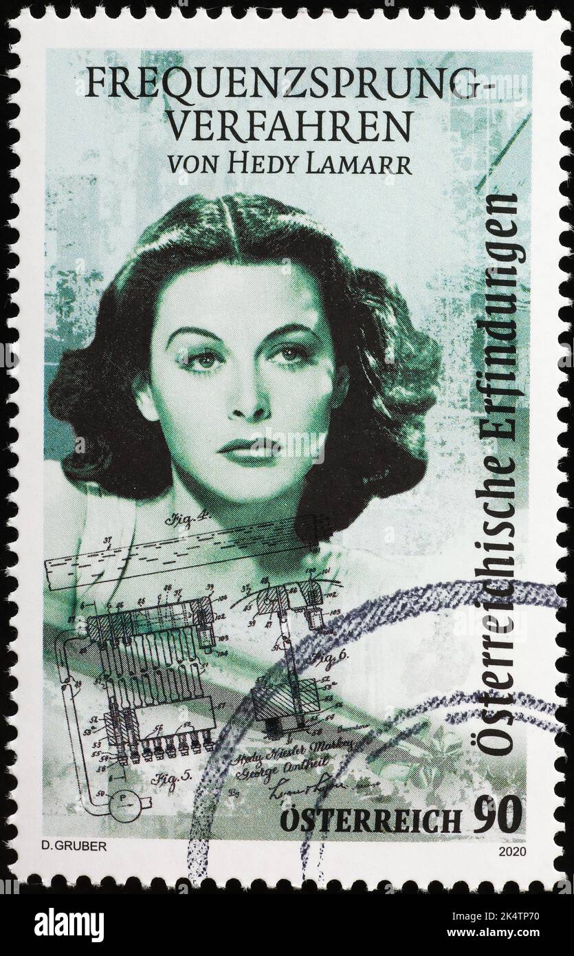Spectre étalé à saut de fréquence par Hedy Lamarr sur timbre autrichien Banque D'Images
