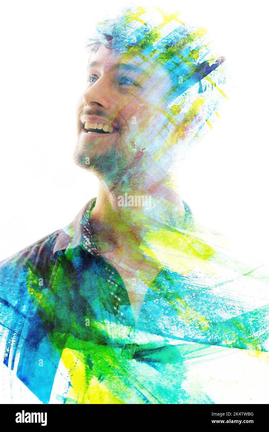 portrait artistique en double exposition d'un homme combiné à des coups de pinceau aquarelle Banque D'Images