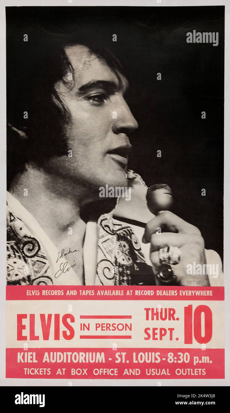 Affiche de concert - Elvis Presley en personne - jeudi 10 septembre - Kiel Auditorium St. Louis 1970. Banque D'Images Affiche de concert - Elvis Presley en personne - jeudi 10 septembre - Kiel Auditorium St. Louis 1970. Banque D'Images