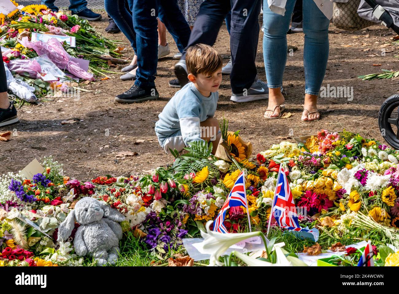 Un petit garçon regarde les Hommages floraux de la reine Elizabeth II dans le jardin d'hommage floral de Green Park, Londres, Royaume-Uni Banque D'Images