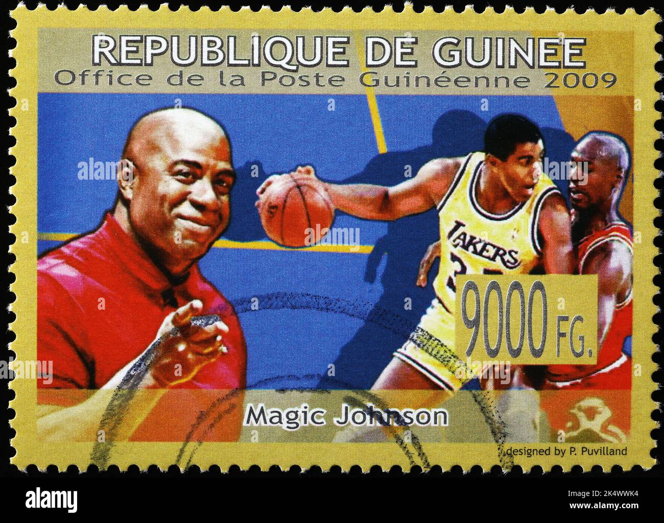 Magic Johnson en action sur timbre-poste africain Banque D'Images