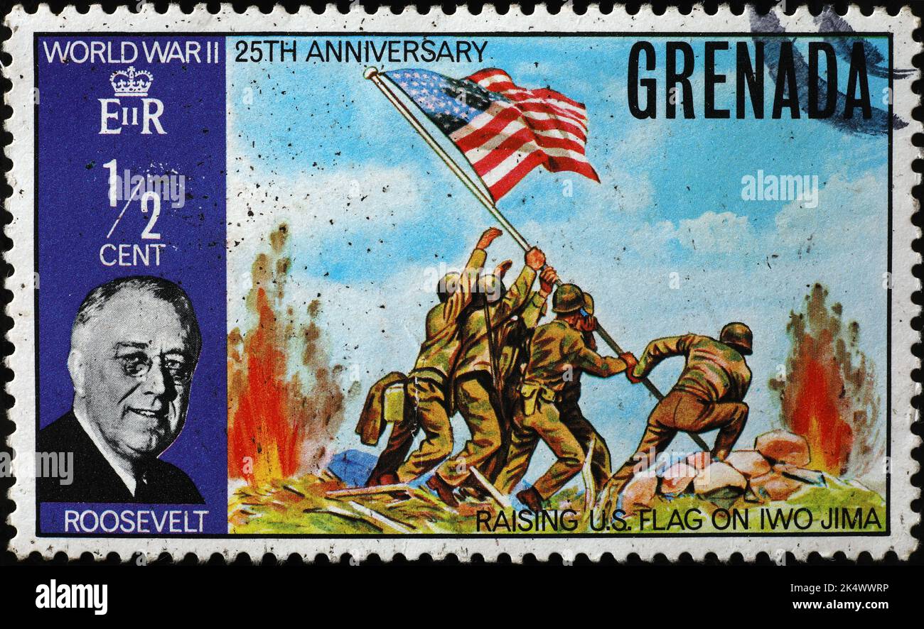 Marines Rising US Flag on Iwo Jima on Stamp Banque D'Images