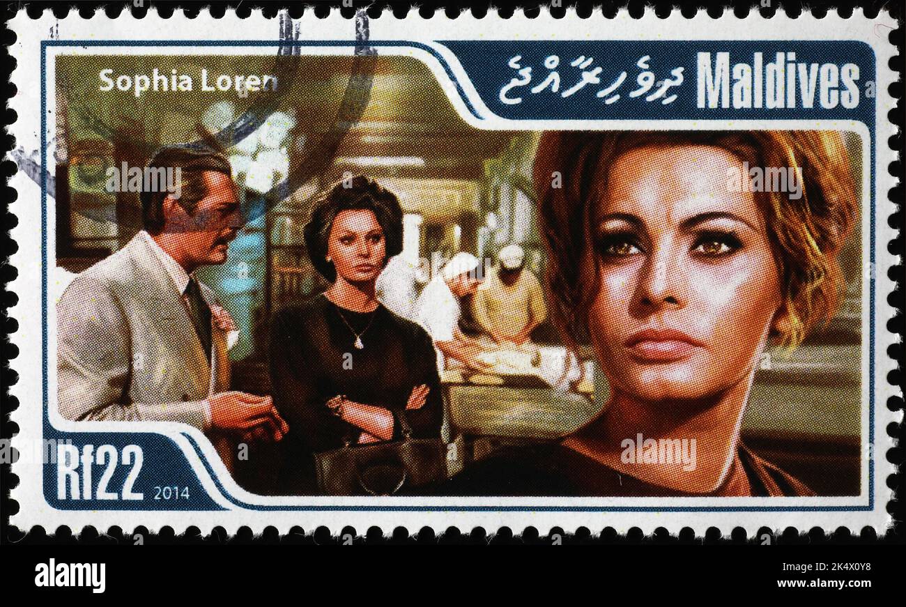 Sophia Loren et Marcello Mastroianni sur le timbre des Maldives Banque D'Images