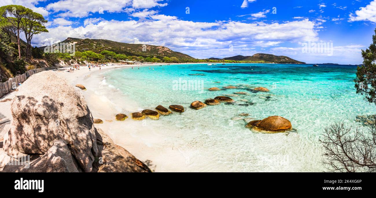 Les meilleures plages de l'île de Corse - magnifique paysage Tamaricciu avec des eaux turquoise cristal. Mer tropicale landsape Banque D'Images